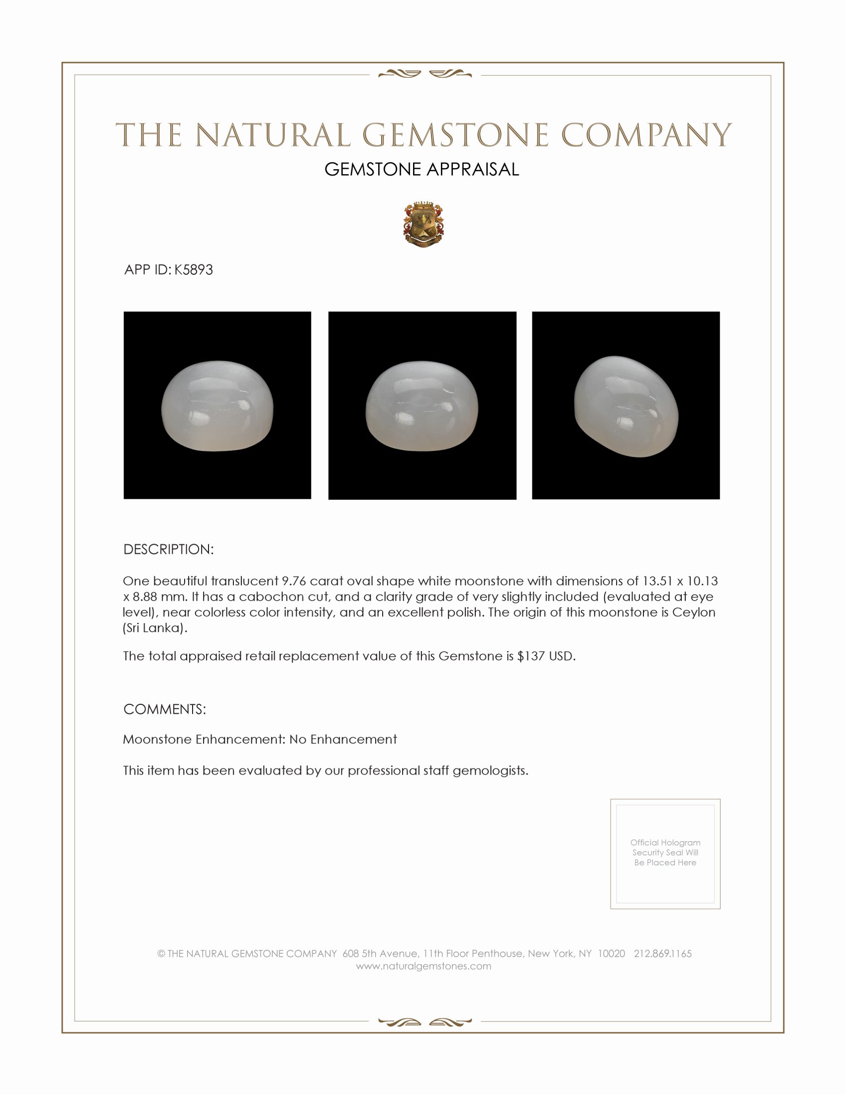 9.76 Ct. White Cabochon Moonstone from Ceylon (Sri Lanka)