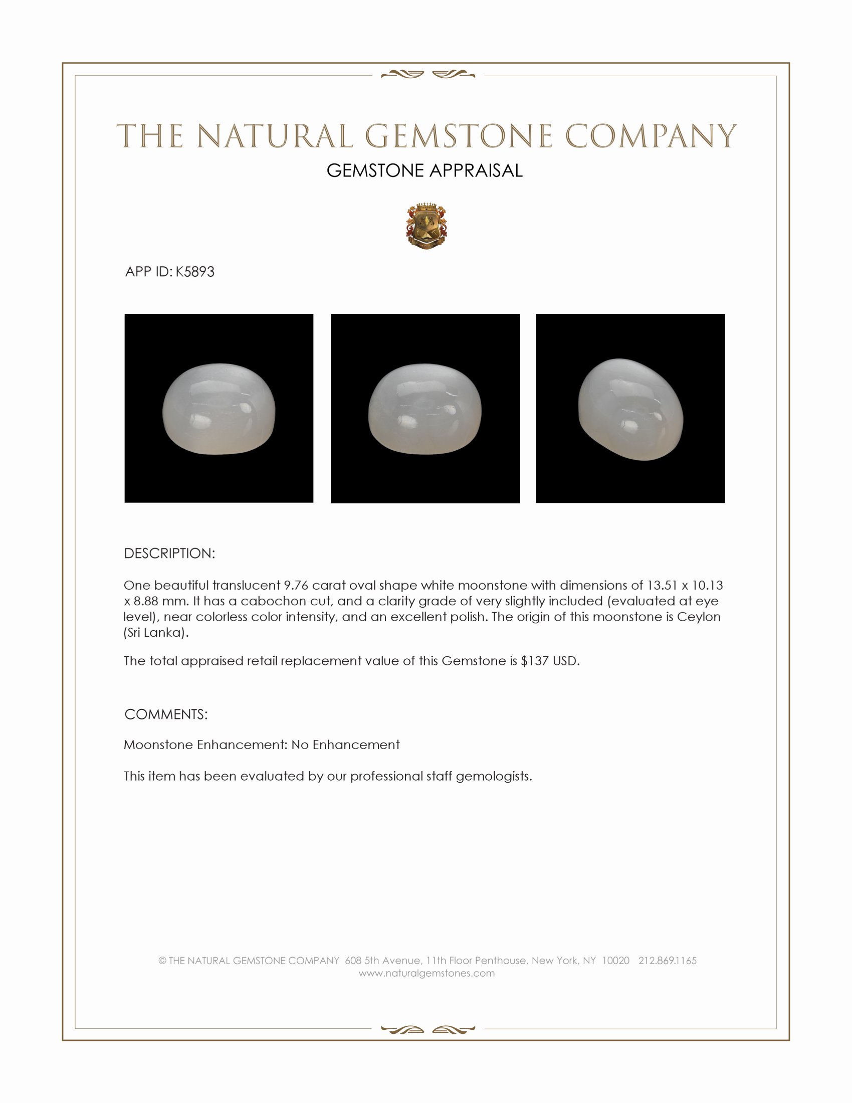 9.76 Ct. Cabochon Moonstone from Ceylon (Sri Lanka)