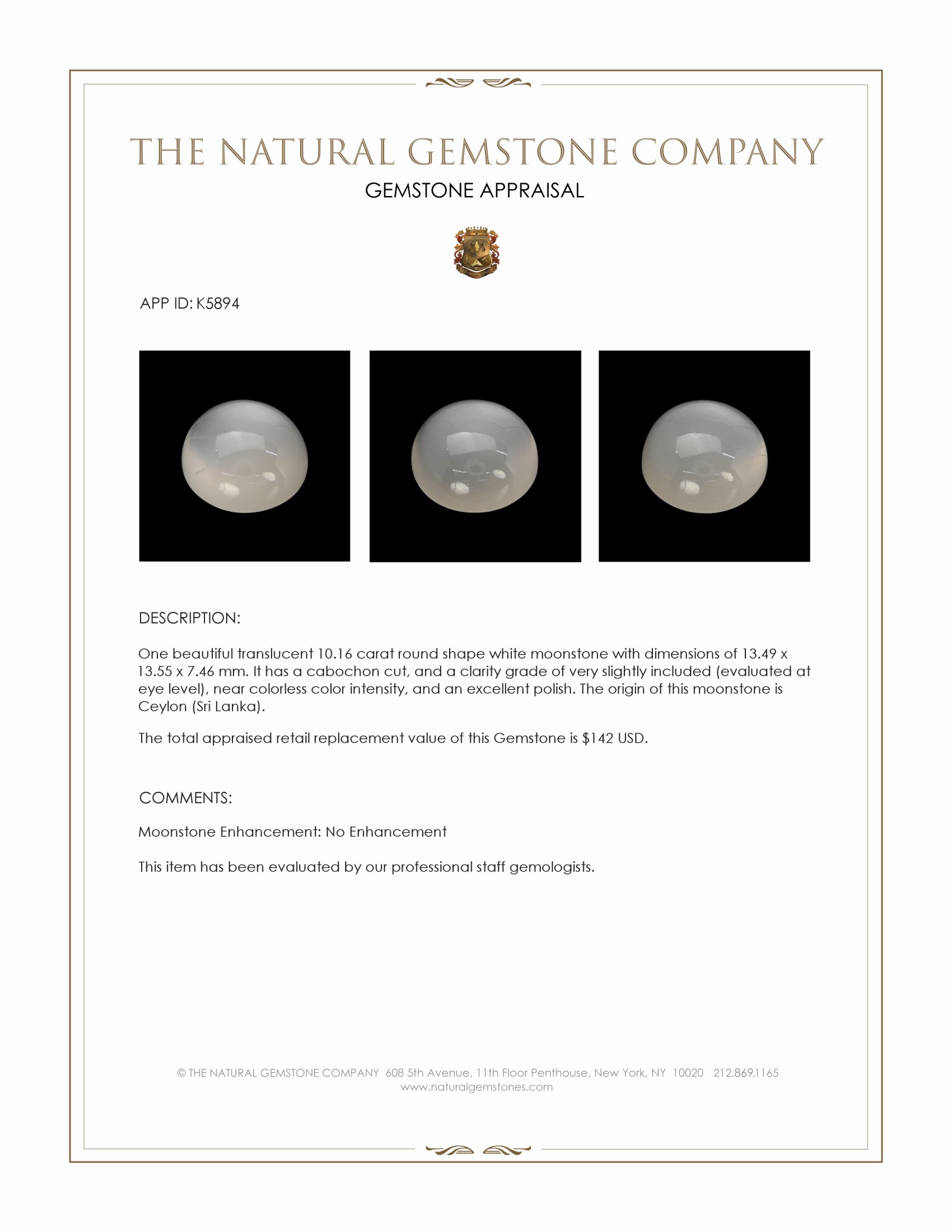 10.16 Ct. Cabochon Moonstone from Ceylon (Sri Lanka)