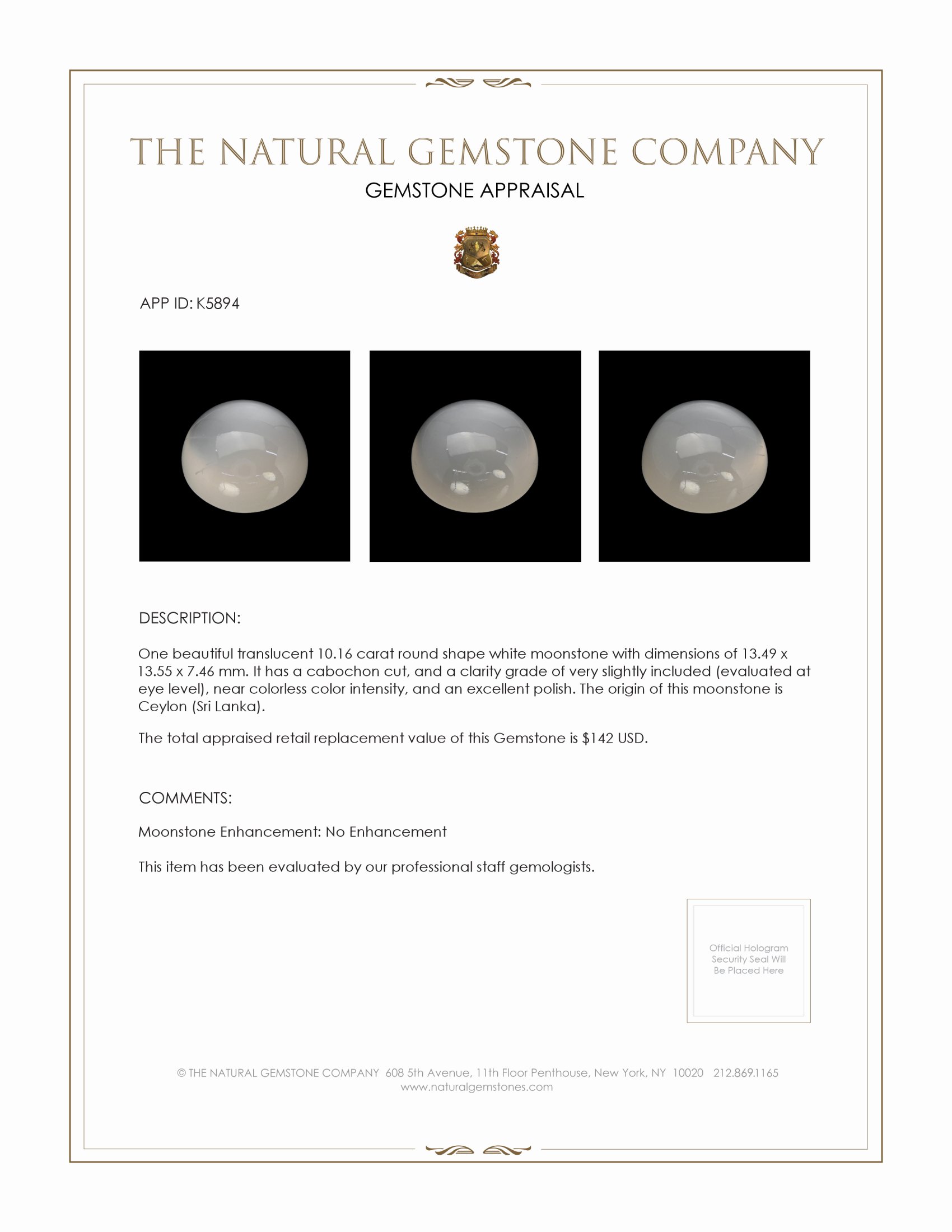 10.16 Ct. Cabochon Moonstone from Ceylon (Sri Lanka)