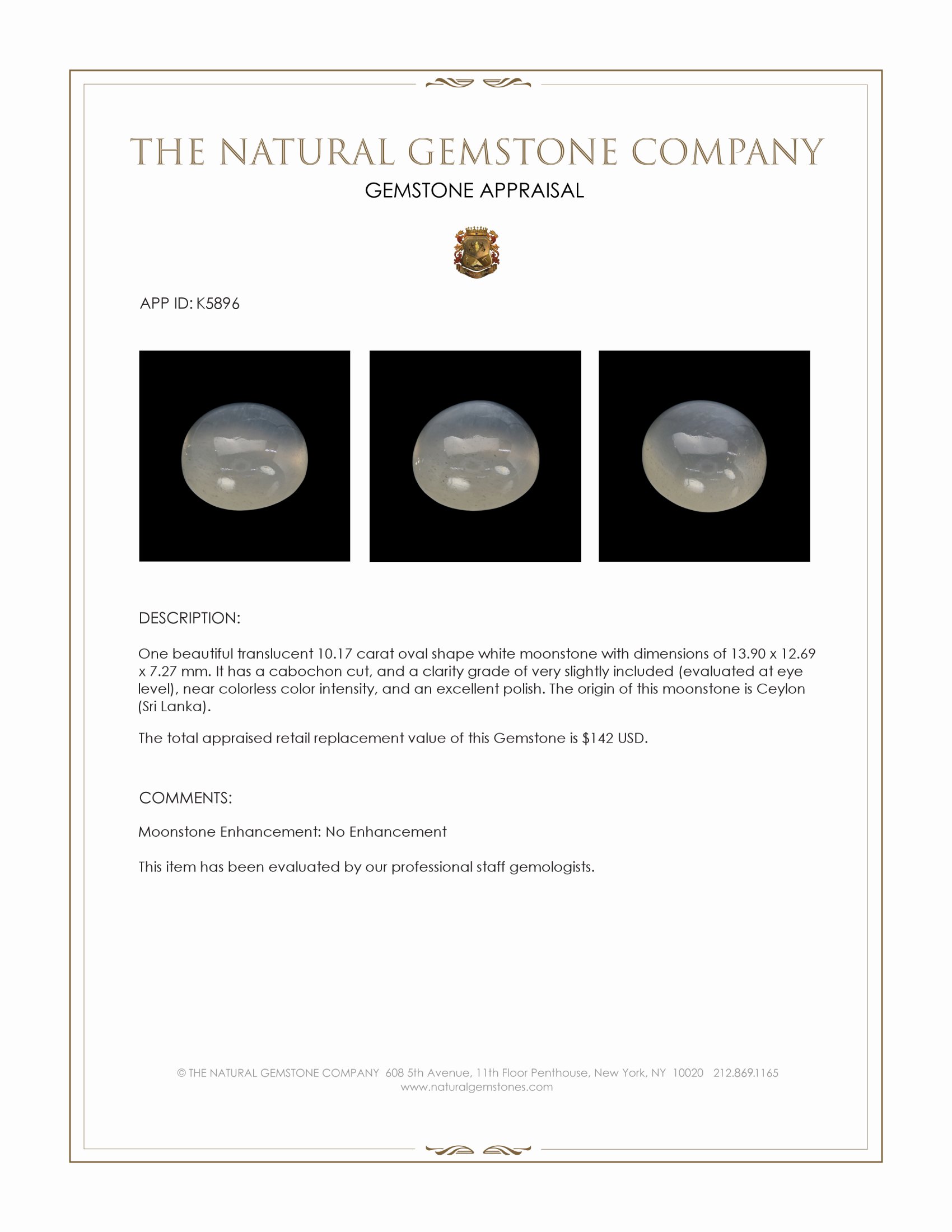 10.17 Ct. White Cabochon Moonstone from Ceylon (Sri Lanka)