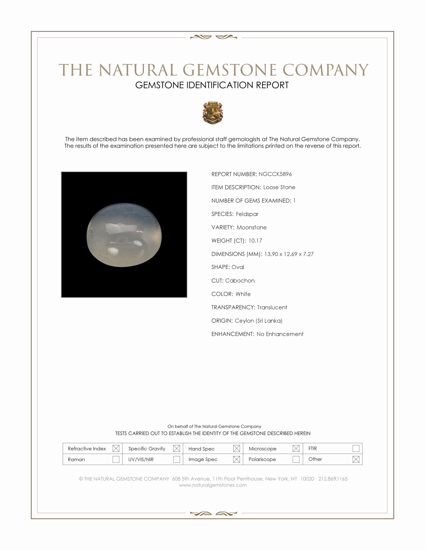 10.17 Ct. White Cabochon Moonstone from Ceylon (Sri Lanka)