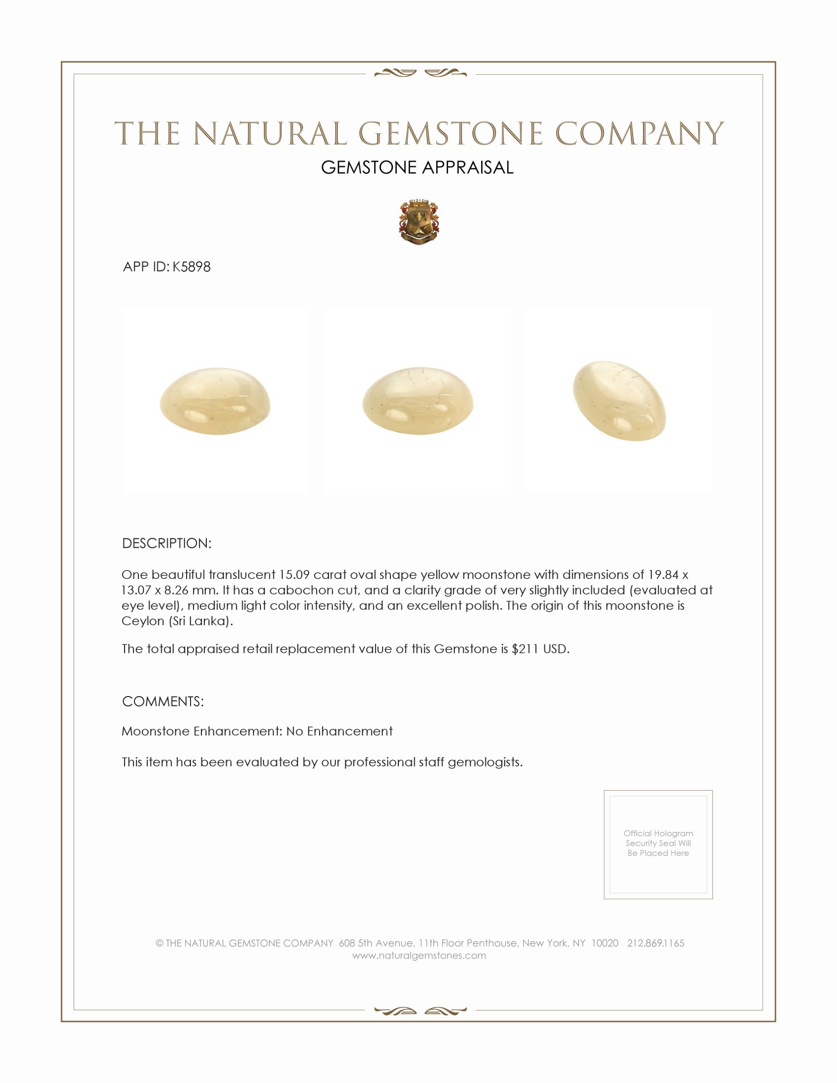 15.09 Ct. Cabochon Moonstone from Ceylon (Sri Lanka)