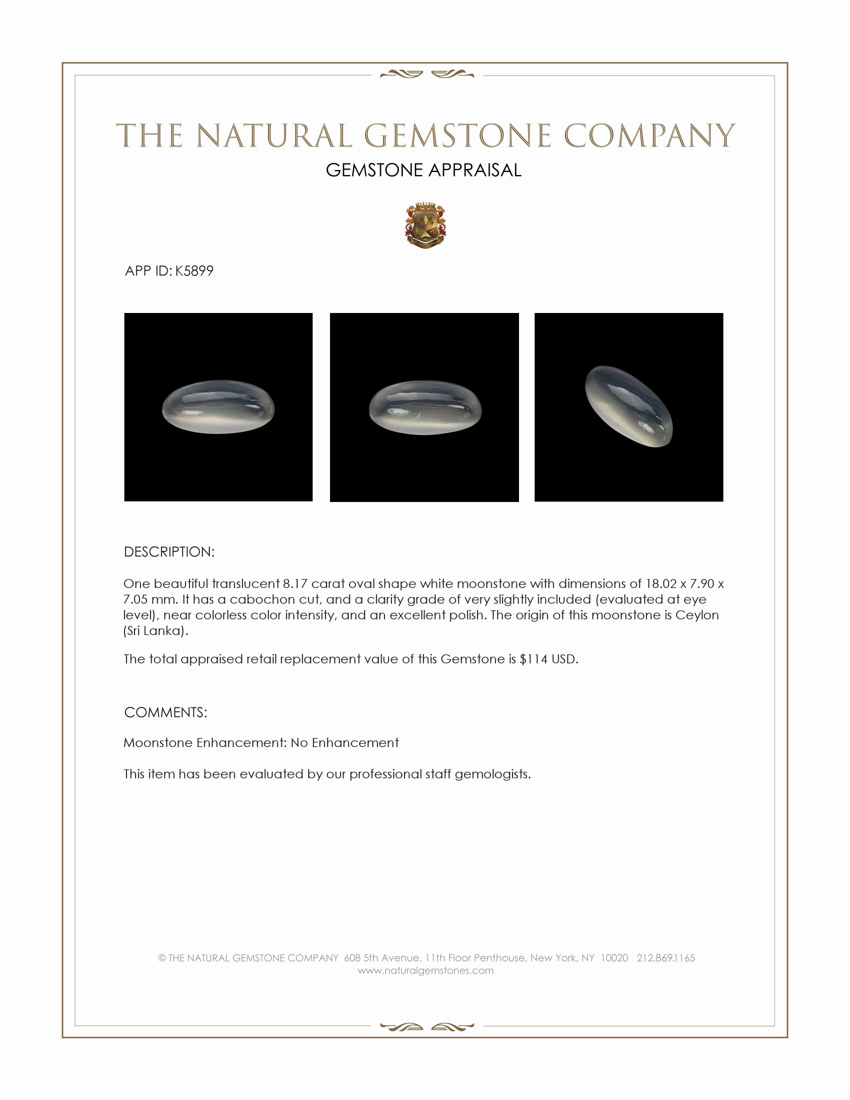 8.17 Ct. Cabochon Moonstone from Ceylon (Sri Lanka)