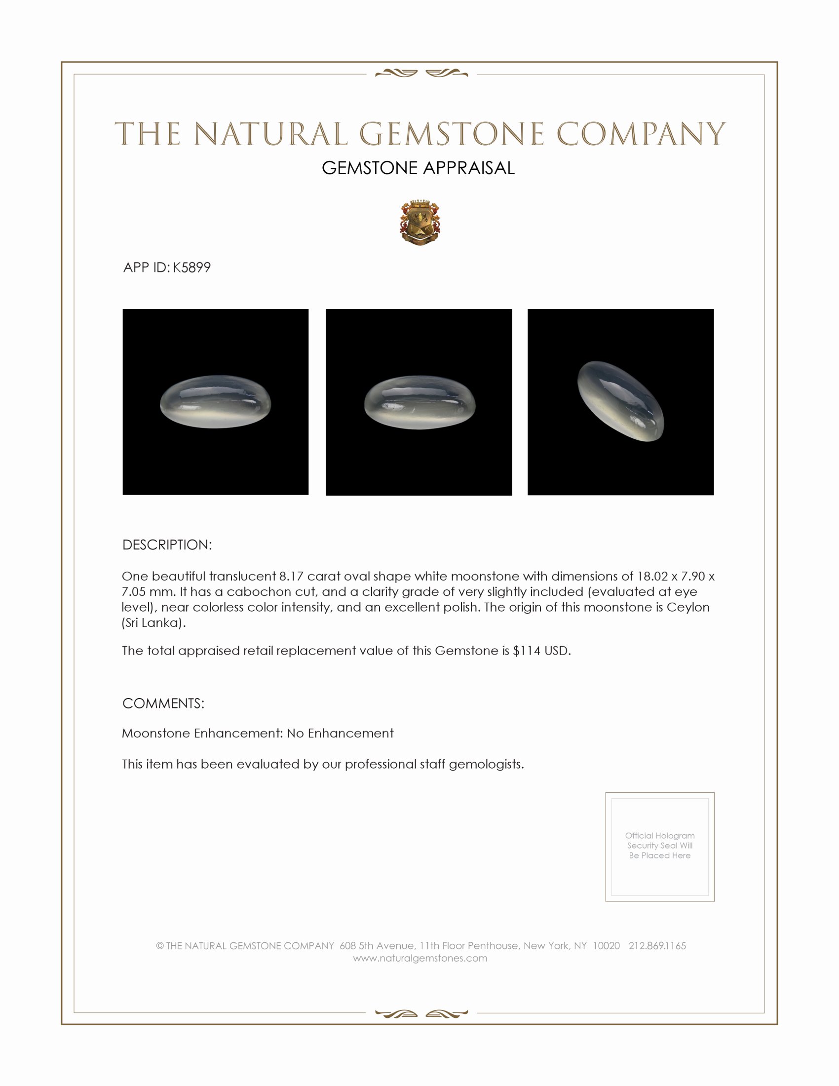 8.17 Ct. Cabochon Moonstone from Ceylon (Sri Lanka)