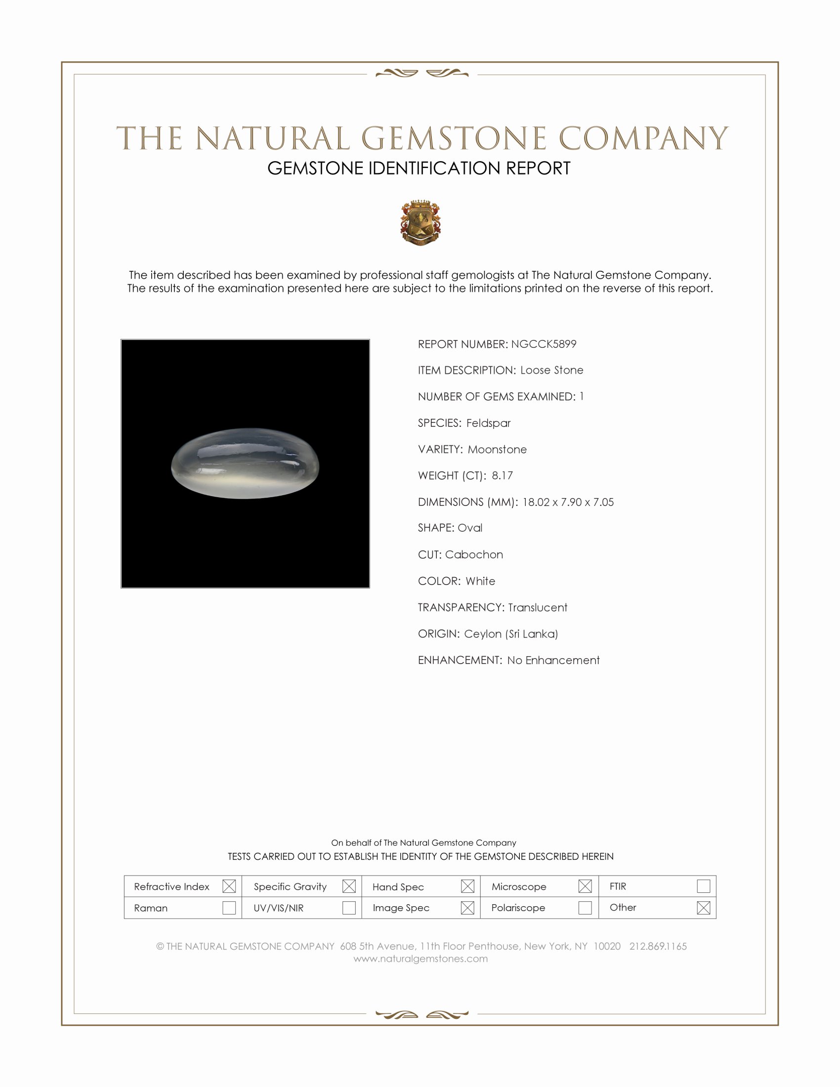 8.17 Ct. White Cabochon Moonstone from Ceylon (Sri Lanka)