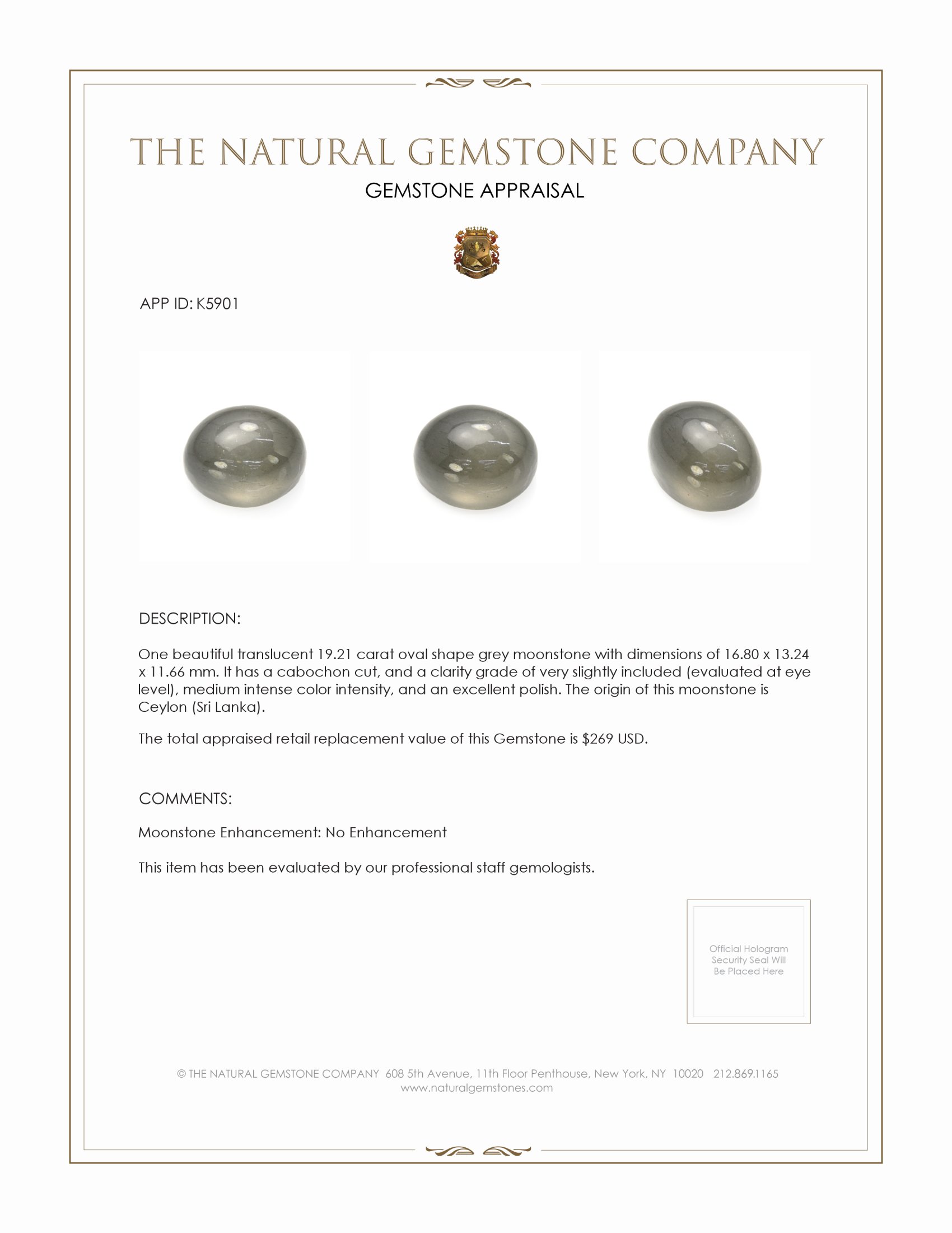 19.21 Ct. Grey Cabochon Moonstone from Ceylon (Sri Lanka)