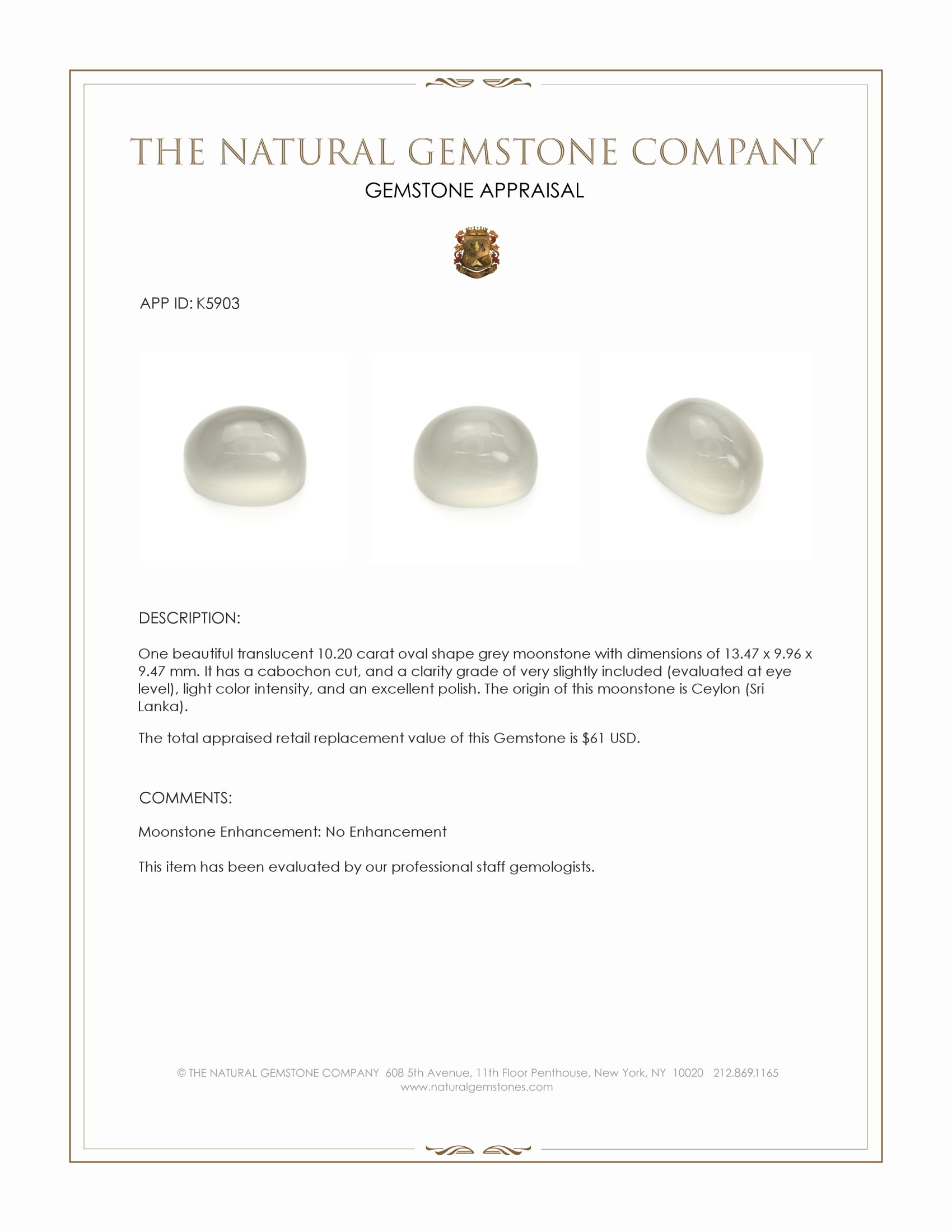 10.20 Ct. Cabochon Moonstone from Ceylon (Sri Lanka)