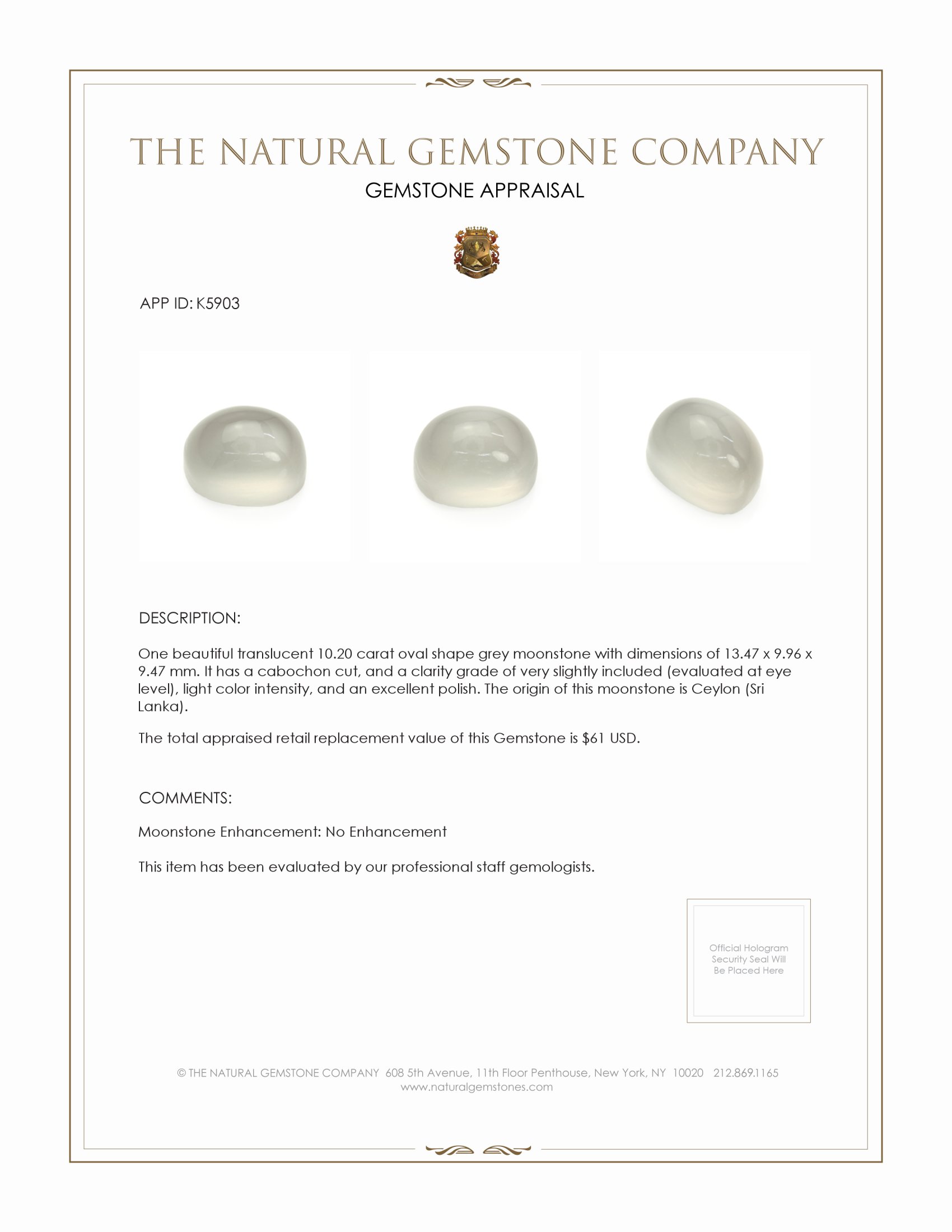 10.20 Ct. Cabochon Moonstone from Ceylon (Sri Lanka)