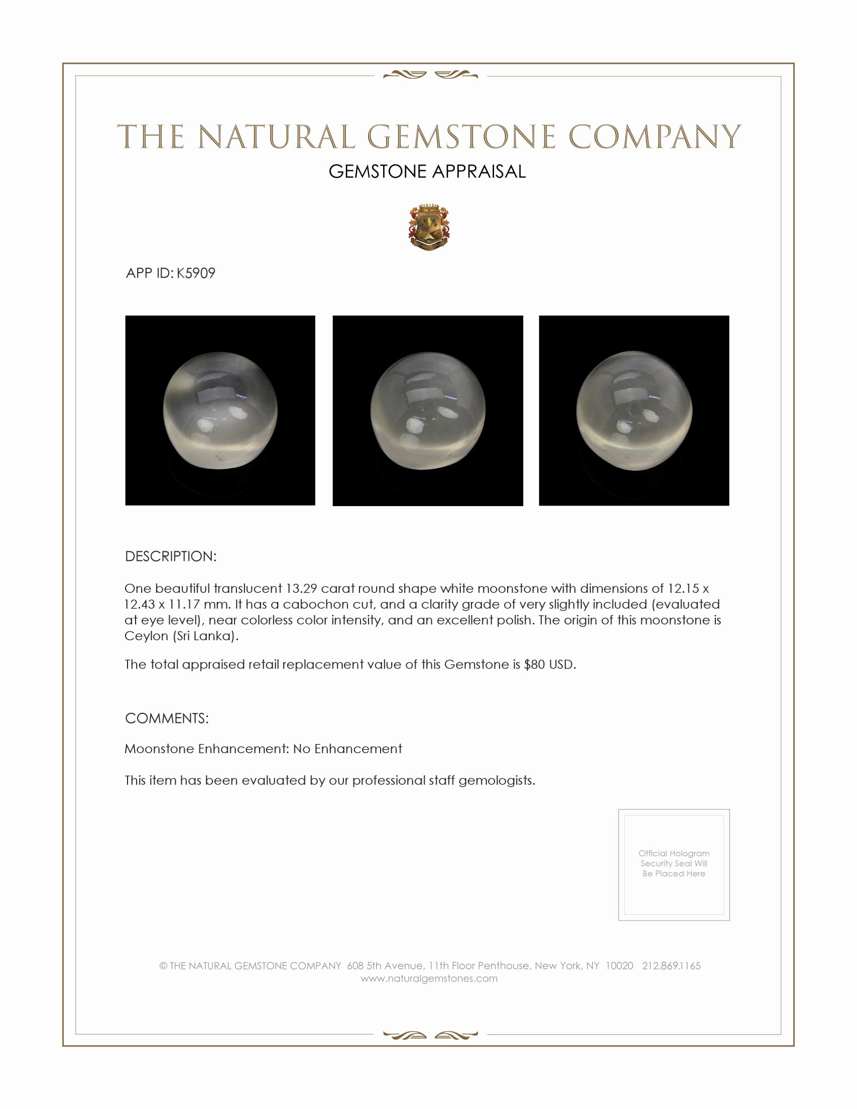 13.29 Ct. Cabochon Moonstone from Ceylon (Sri Lanka)