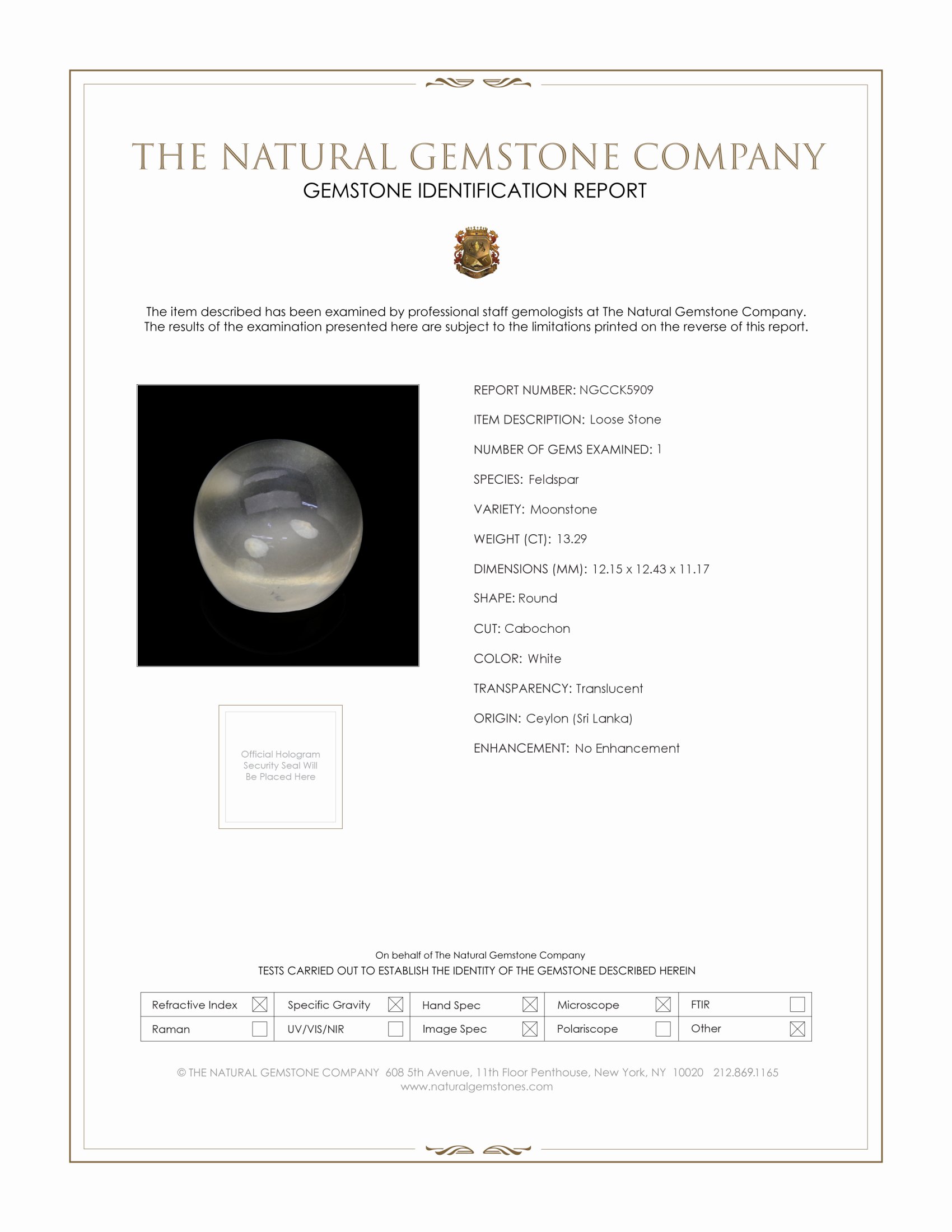 13.29 Ct. White Cabochon Moonstone from Ceylon (Sri Lanka)