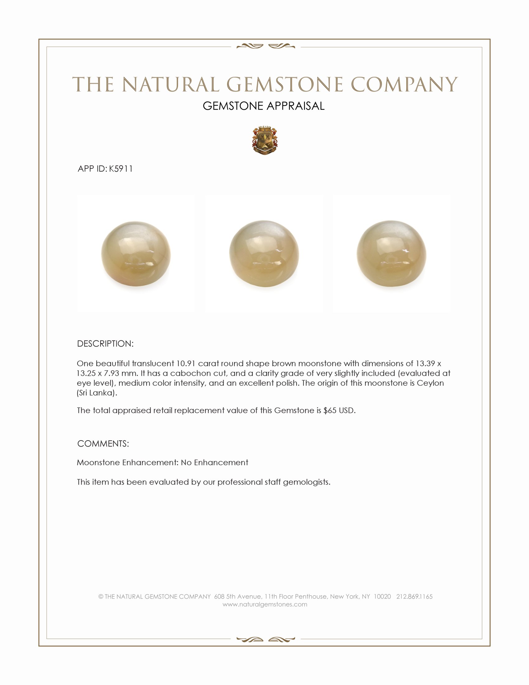 10.91 Ct. Cabochon Moonstone from Ceylon (Sri Lanka)