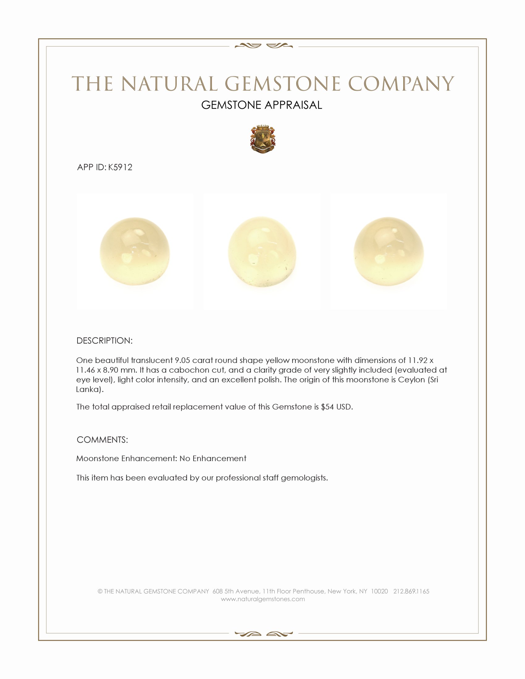 9.05 Ct. Yellow Cabochon Moonstone from Ceylon (Sri Lanka)