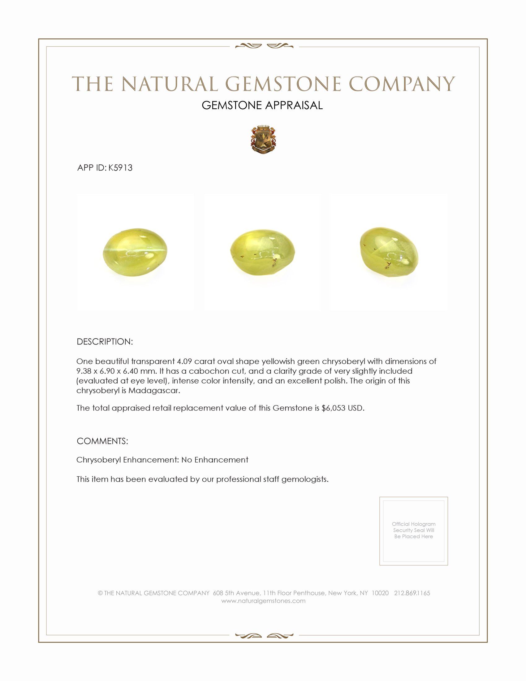 4.09 Ct. Cabochon Chrysoberyl from Madagascar