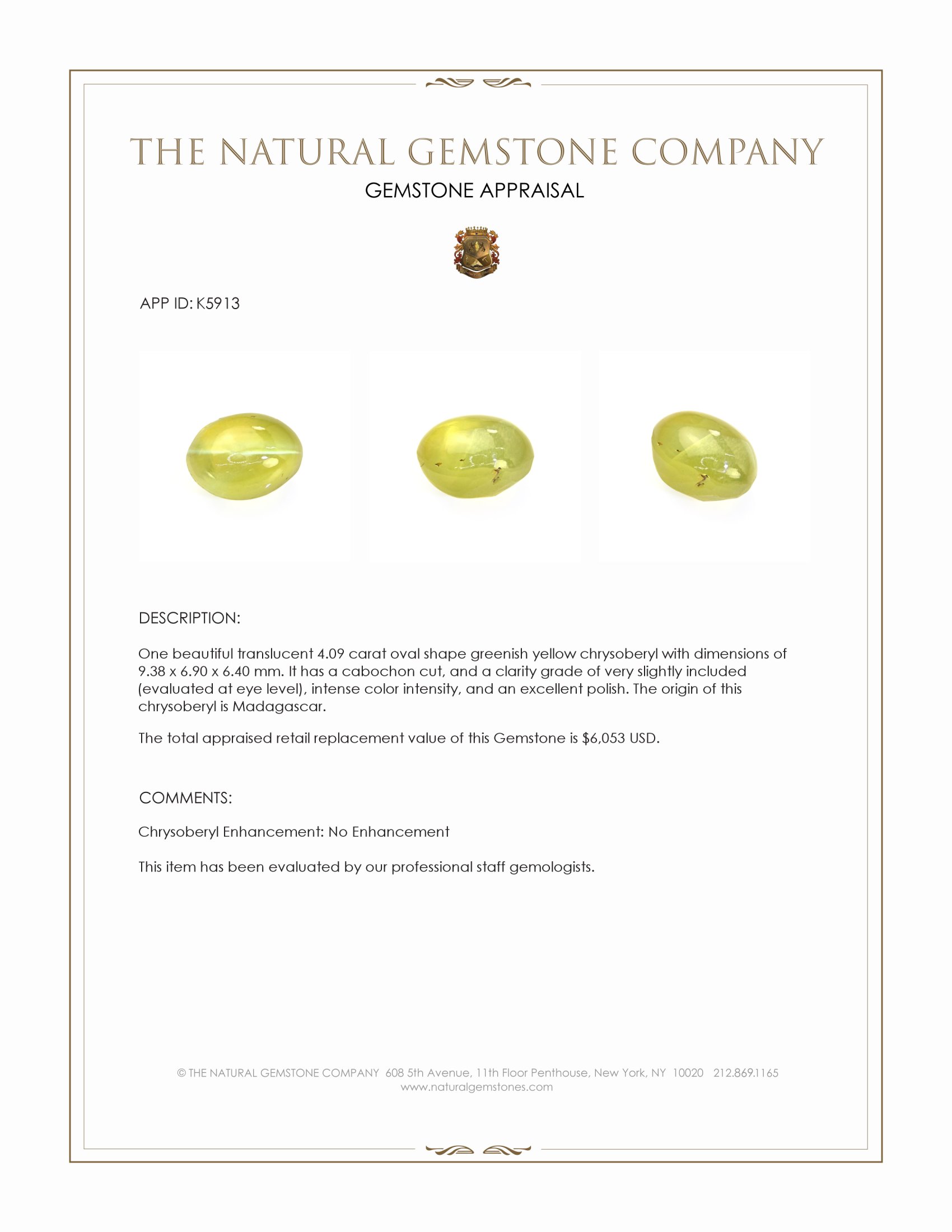 4.09 Ct. Greenish Yellow Cabochon Cat’s Eye Chrysoberyl from Madagascar