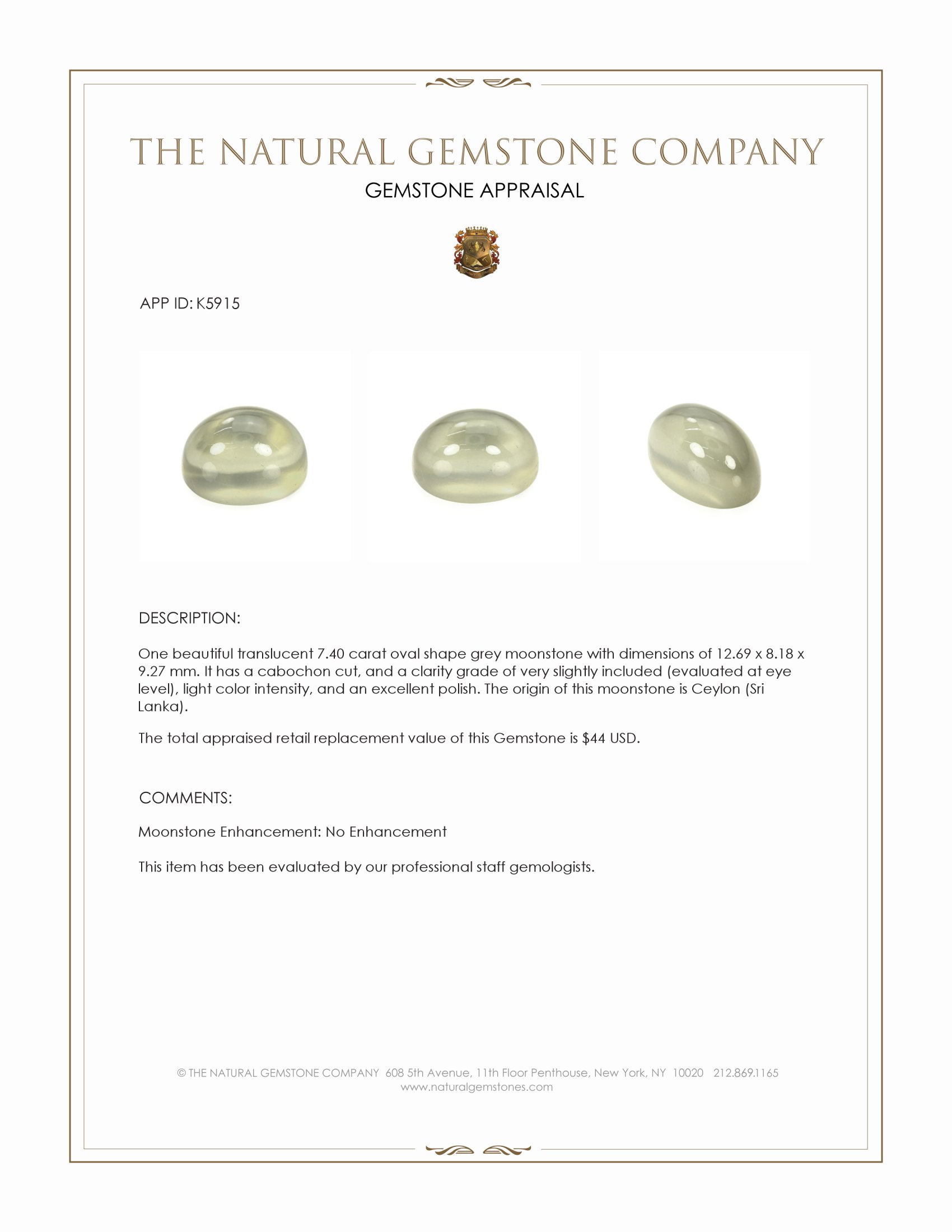 7.40 Ct. Grey Cabochon Moonstone from Ceylon (Sri Lanka)