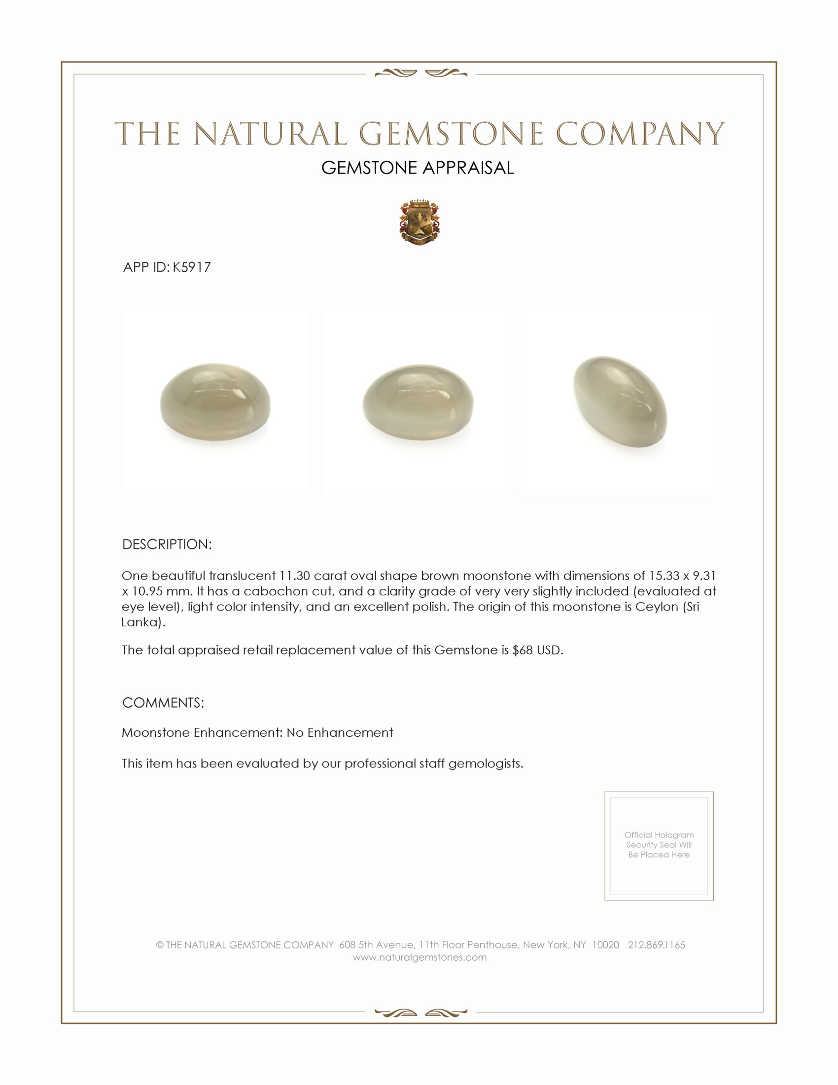 11.30 Ct. Cabochon Moonstone from Ceylon (Sri Lanka)