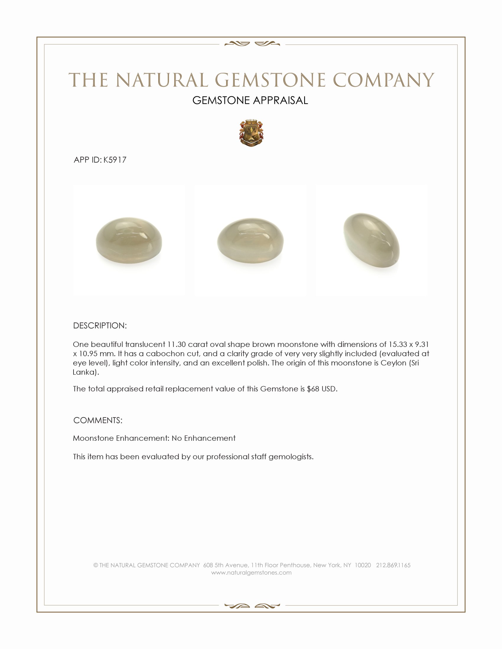 11.30 Ct. Cabochon Moonstone from Ceylon (Sri Lanka)