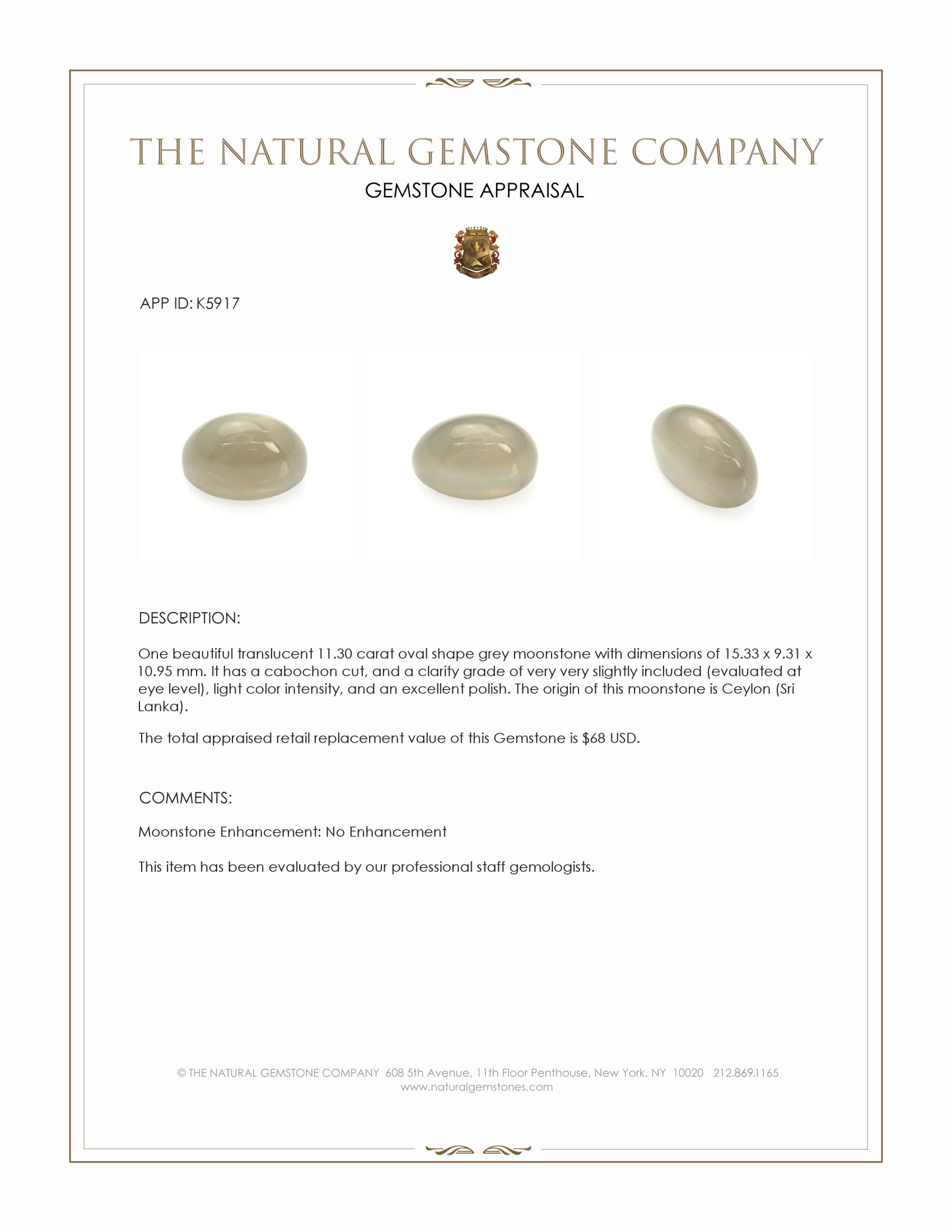 11.30 Ct. Cabochon Moonstone from Ceylon (Sri Lanka)