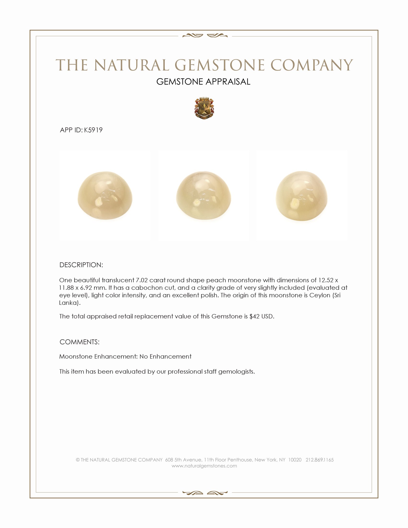 7.02 Ct. Peach Cabochon Moonstone from Ceylon (Sri Lanka)