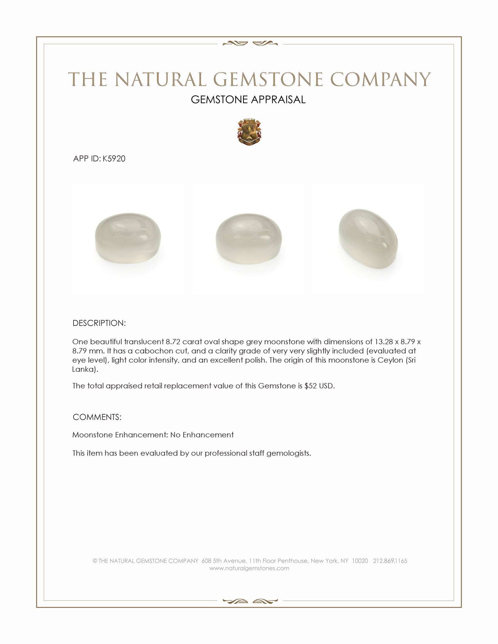 8.72 Ct. Grey Cabochon Moonstone from Ceylon (Sri Lanka)