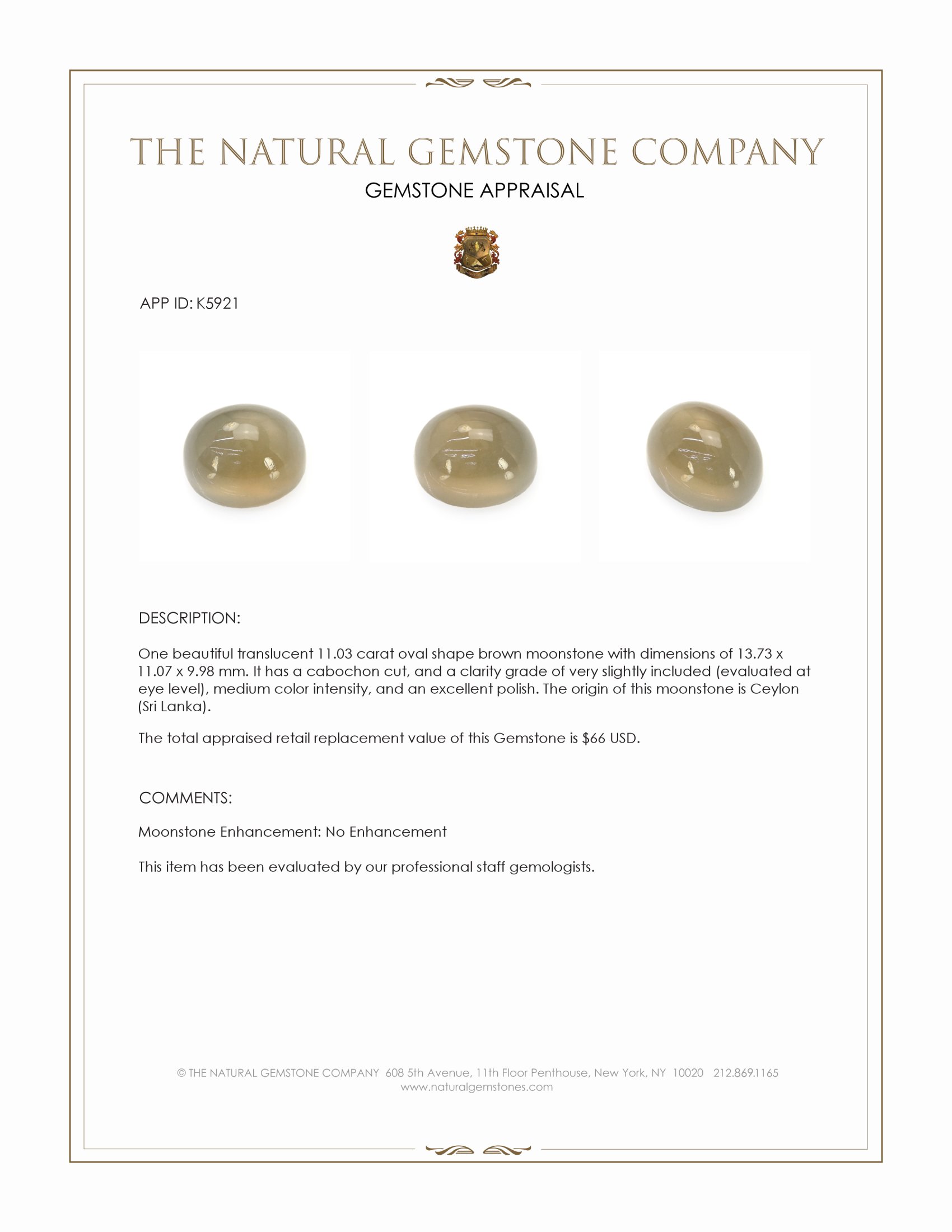 11.03 Ct. Cabochon Moonstone from Ceylon (Sri Lanka)