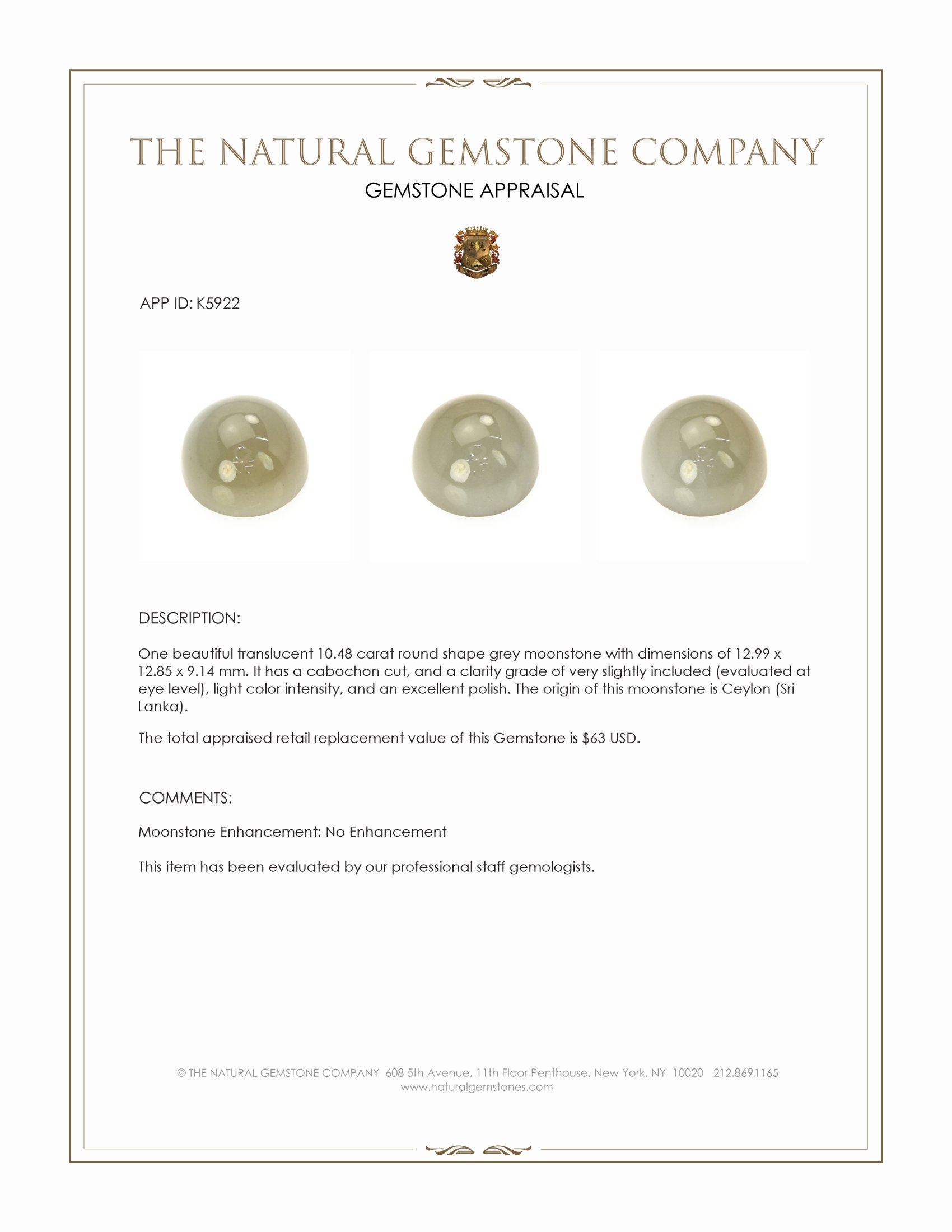 10.48 Ct. Grey Cabochon Moonstone from Ceylon (Sri Lanka)