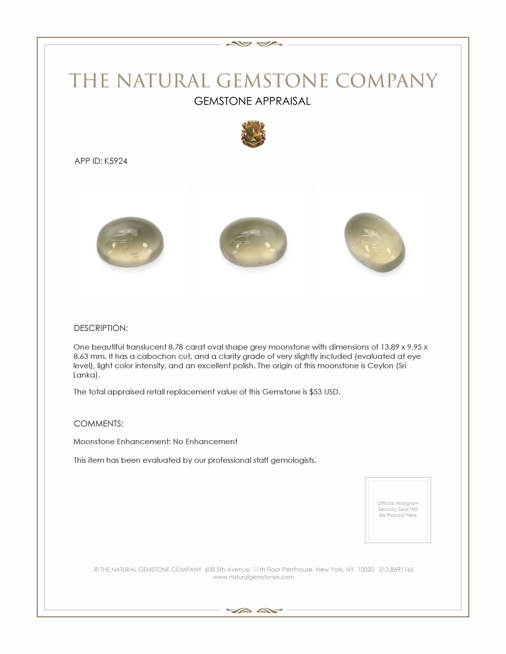 8.78 Ct. Grey Cabochon Moonstone from Ceylon (Sri Lanka)