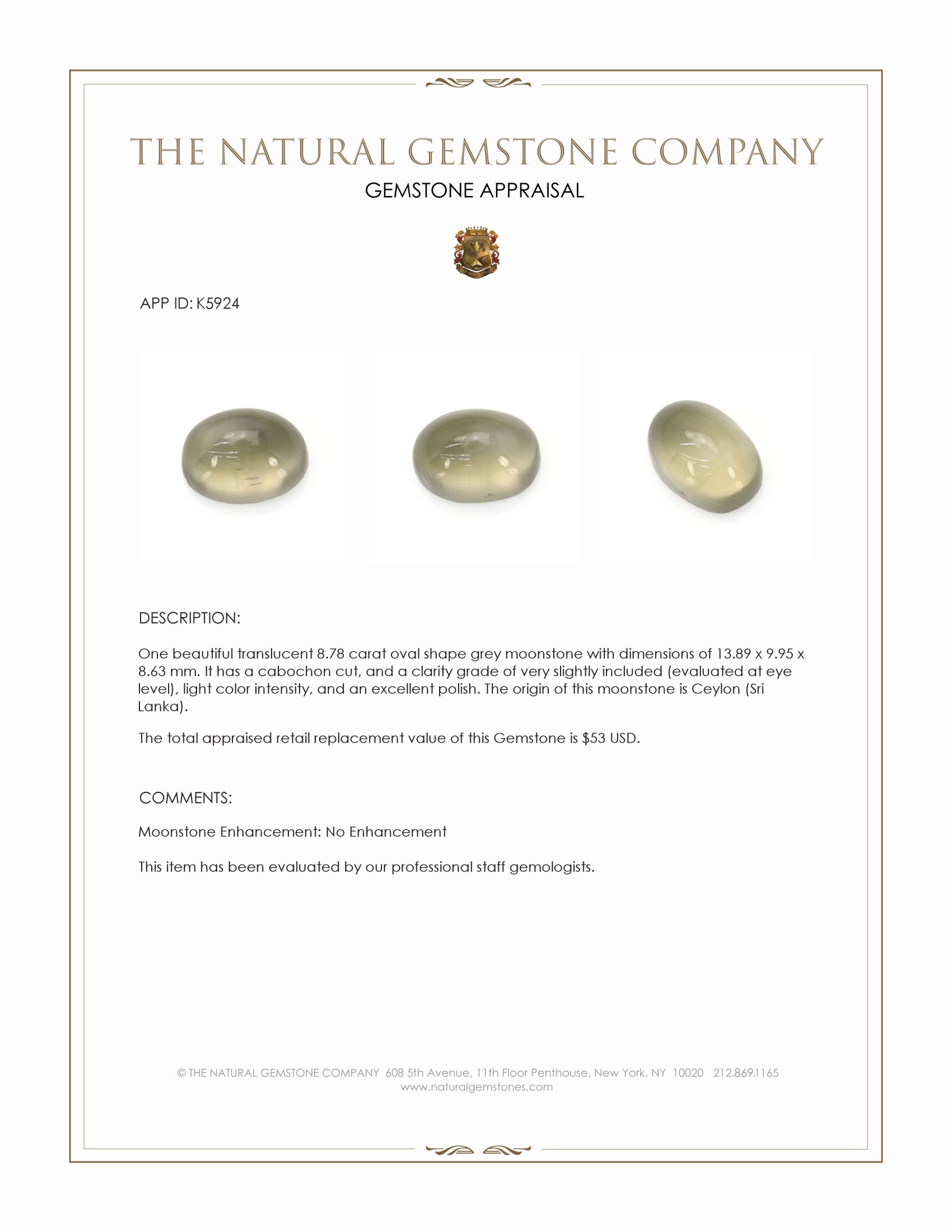 8.78 Ct. Cabochon Moonstone from Ceylon (Sri Lanka)