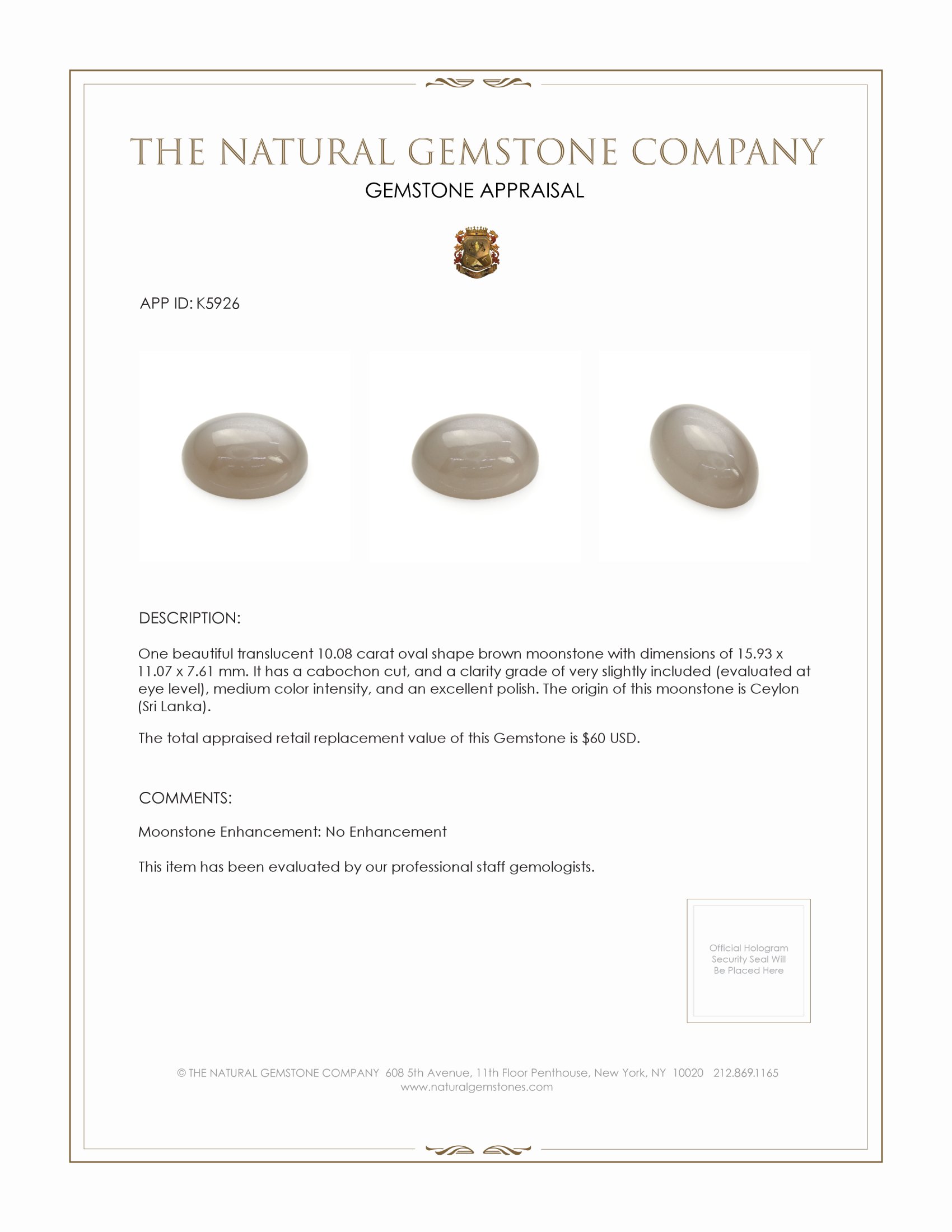 10.08 Ct. Brown Cabochon Moonstone from Ceylon (Sri Lanka)