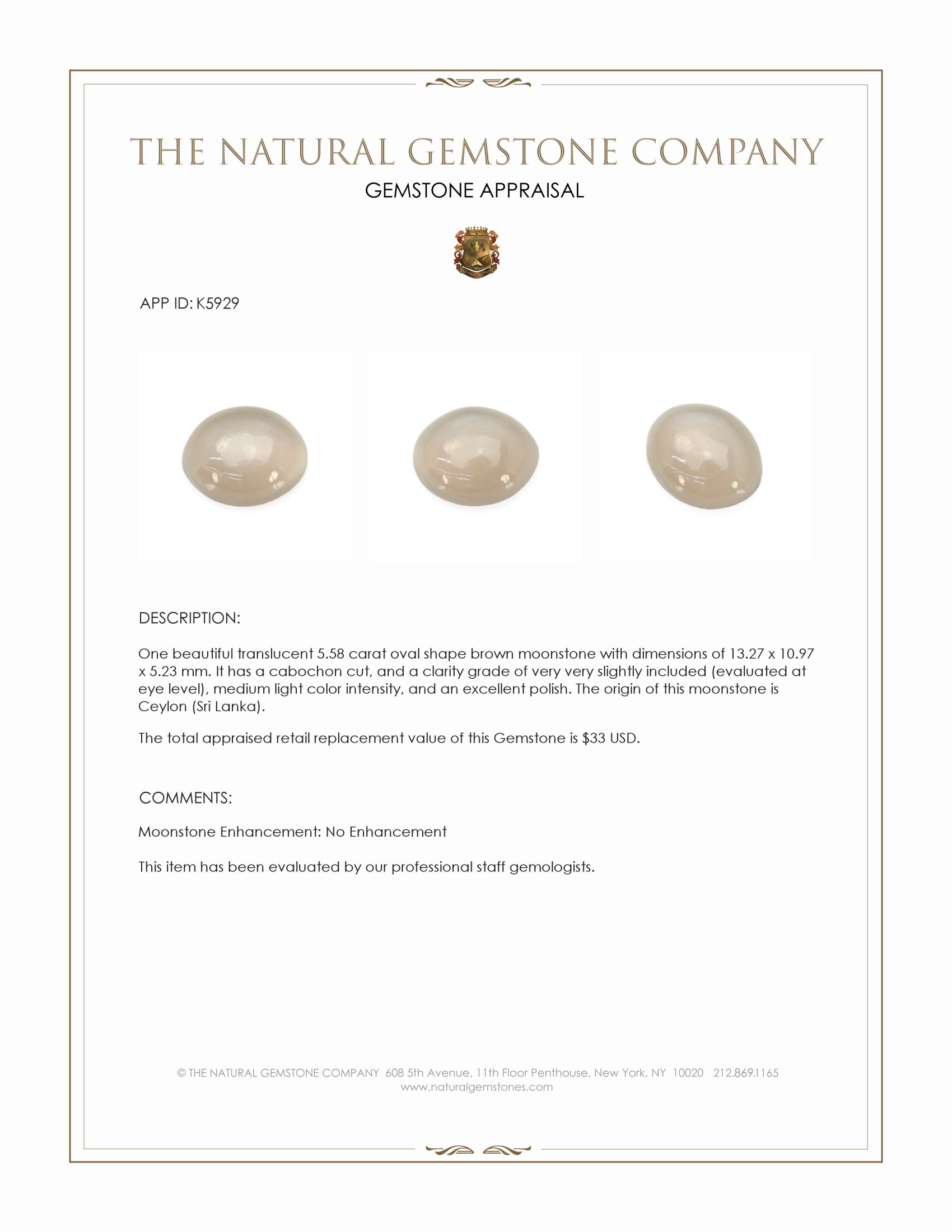 5.58 Ct. Cabochon Moonstone from Ceylon (Sri Lanka)