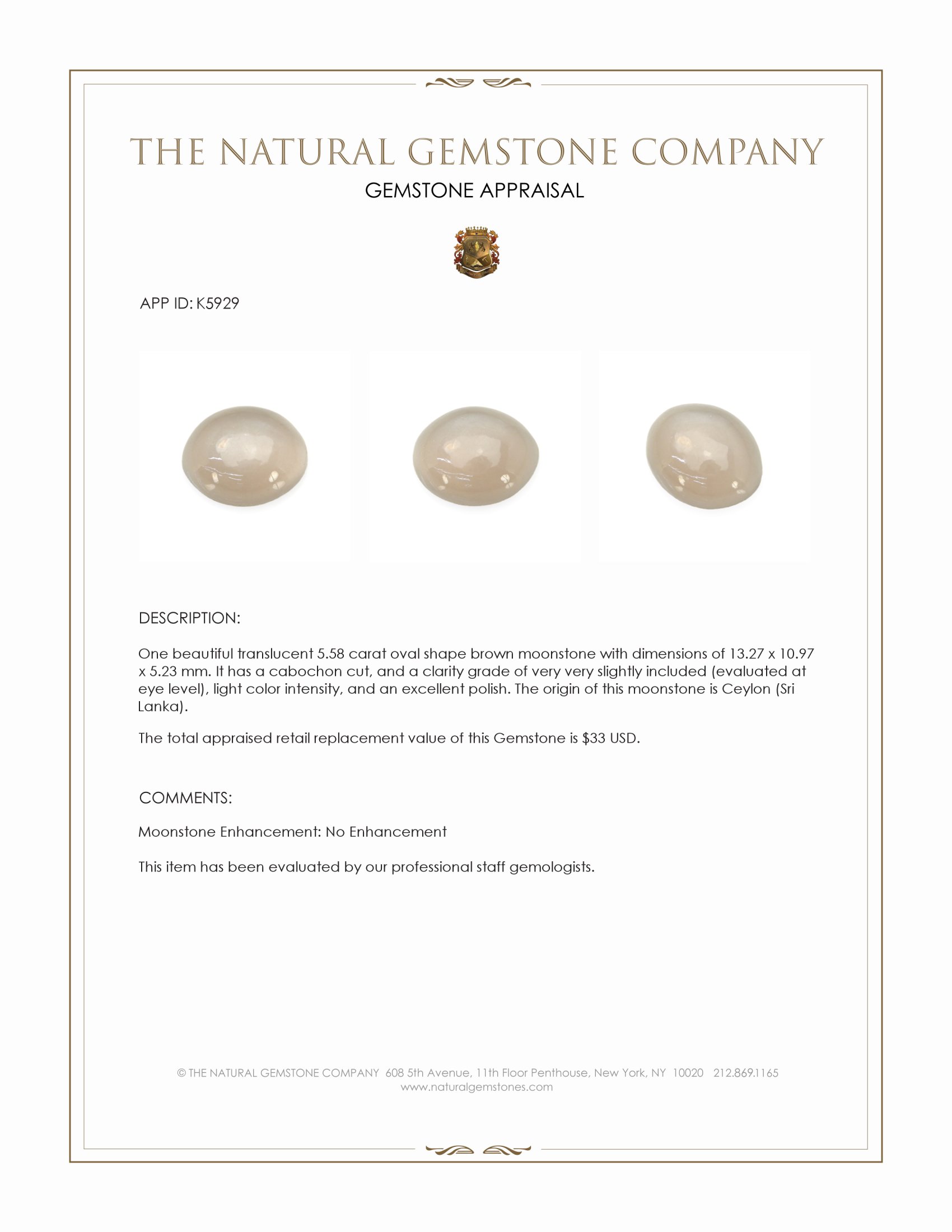 5.58 Ct. Brown Cabochon Moonstone from Ceylon (Sri Lanka)