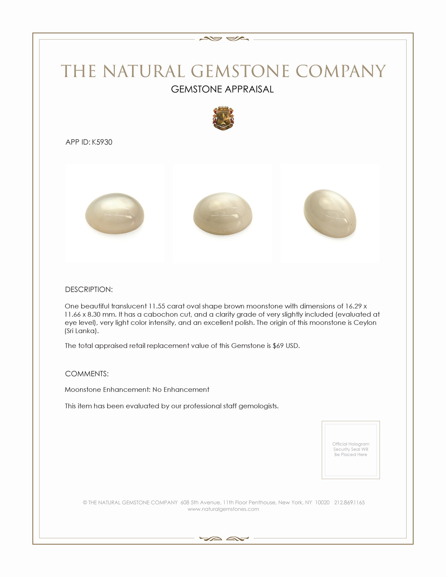 11.55 Ct. Brown Cabochon Moonstone from Ceylon (Sri Lanka)