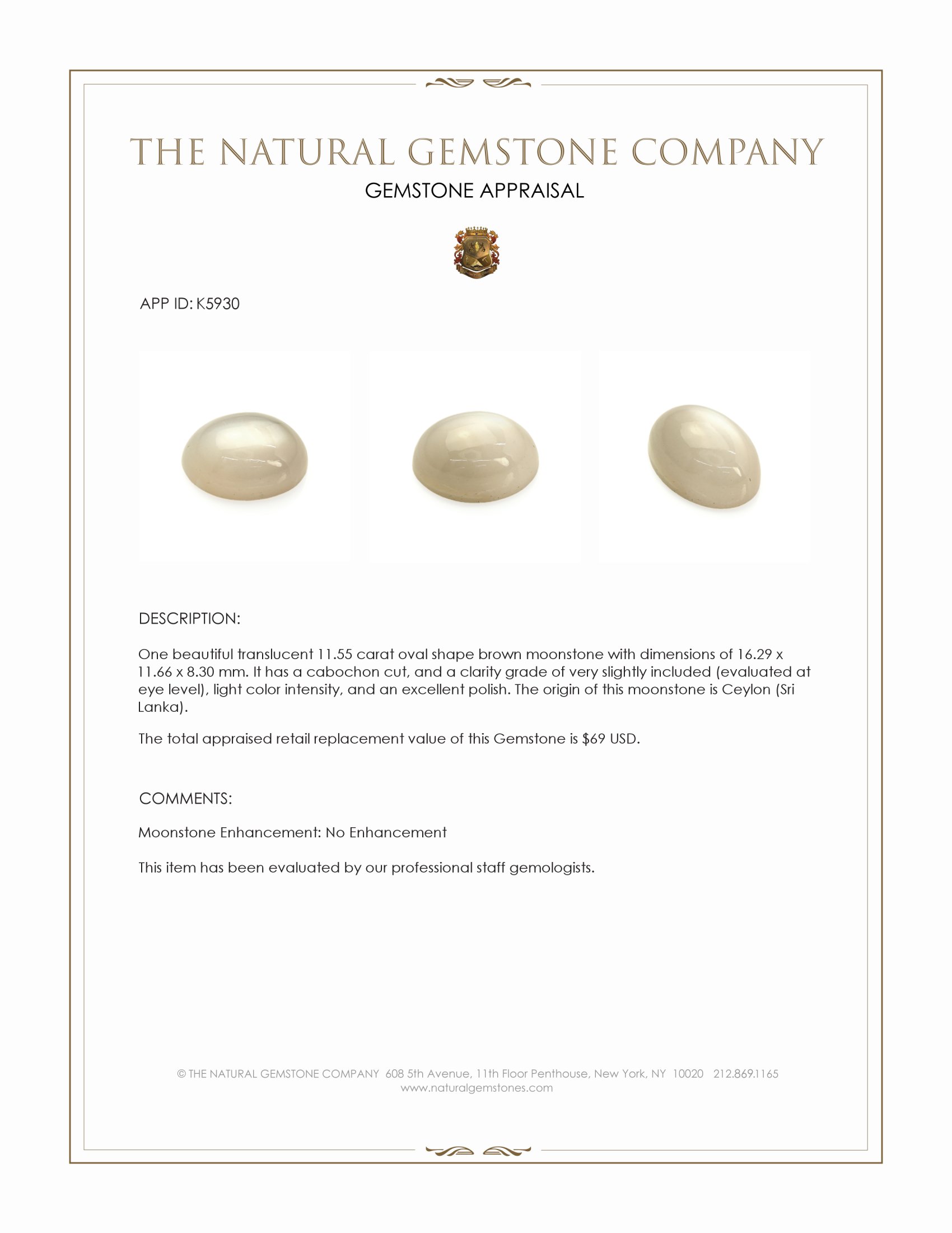 11.55 Ct. Cabochon Moonstone from Ceylon (Sri Lanka)