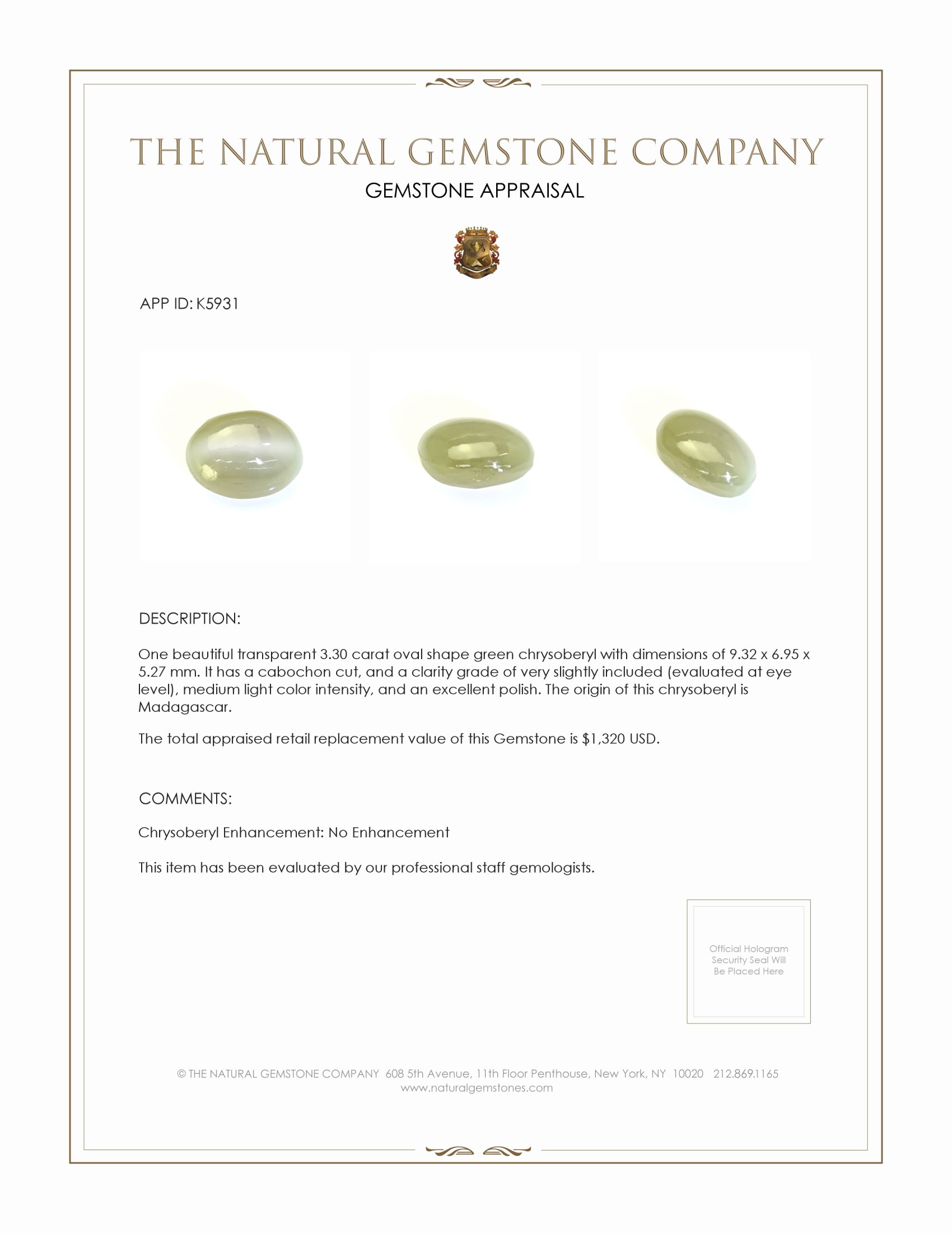 3.30 Ct. Green Cabochon Chrysoberyl from Madagascar