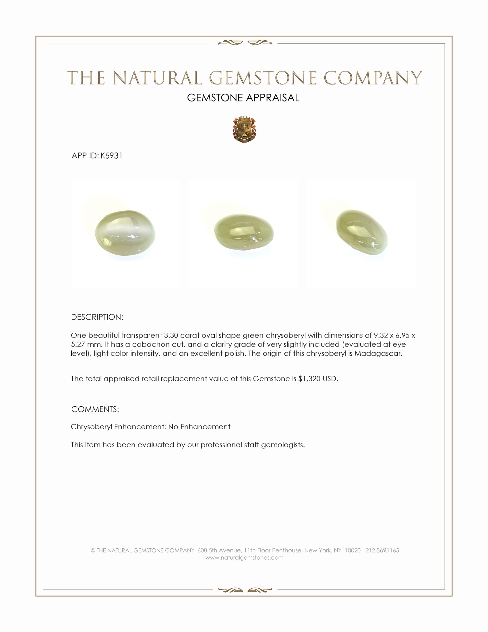 3.30 Ct. Green Cabochon Cat’s Eye Chrysoberyl from Madagascar