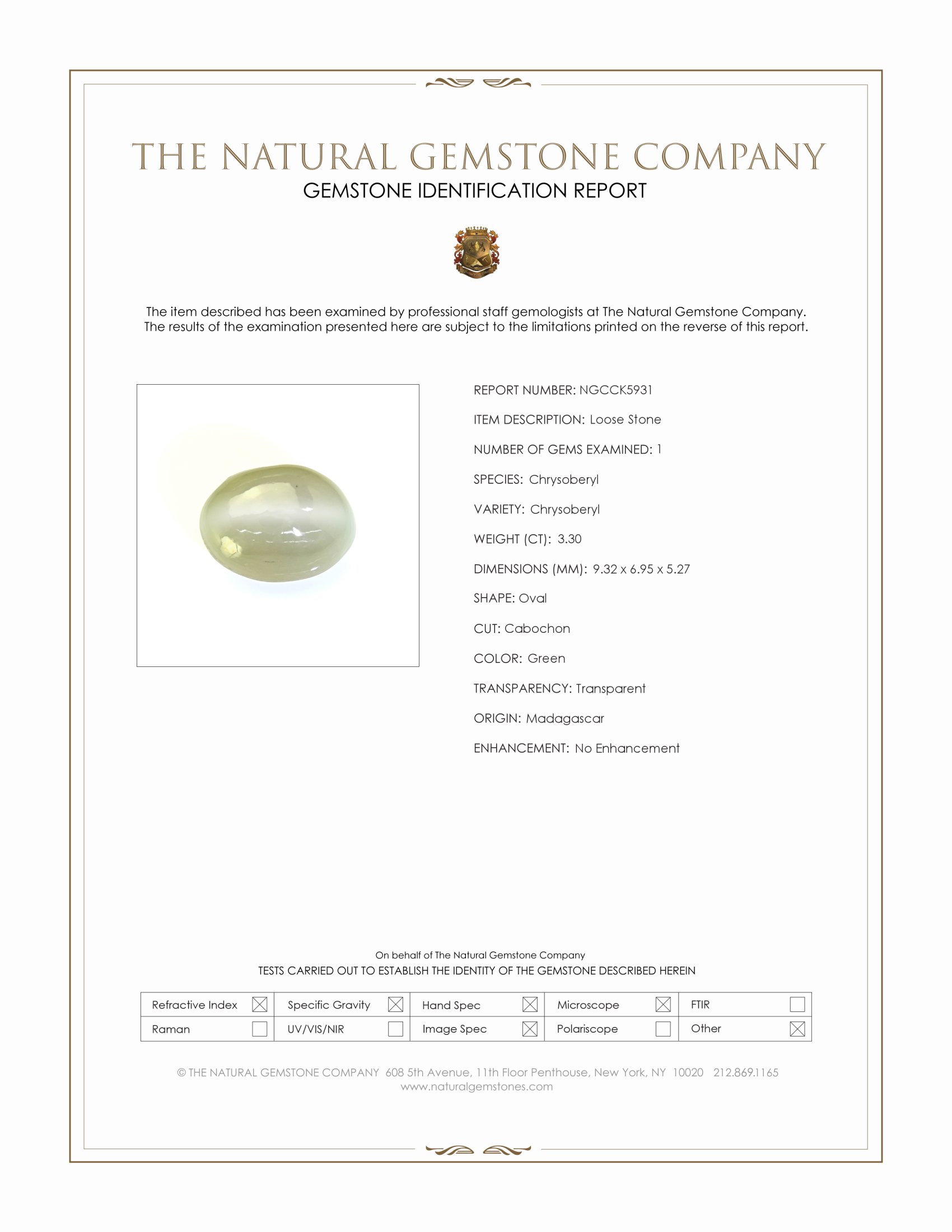 3.30 Ct. Green Cabochon Cat’s Eye Chrysoberyl from Madagascar