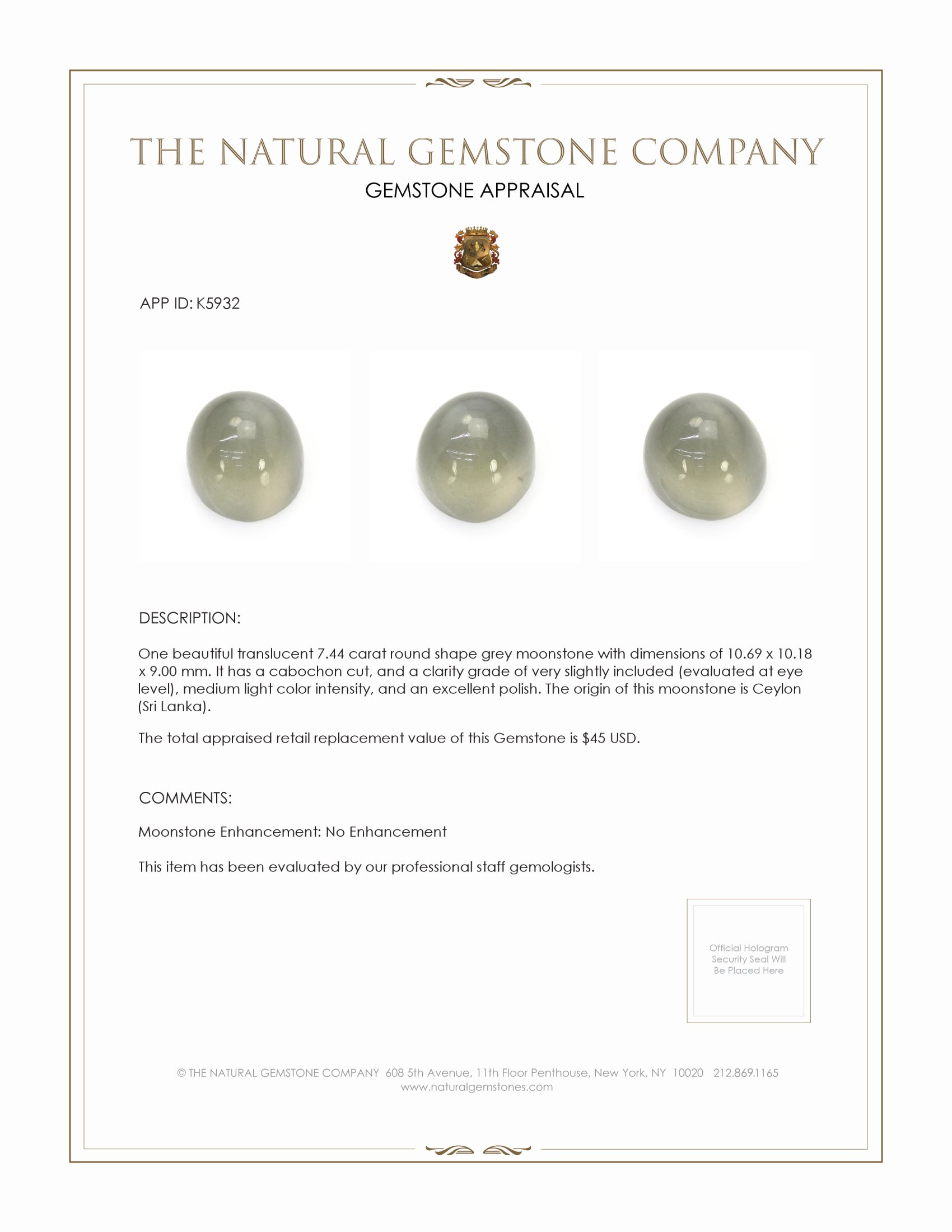 7.44 Ct. Grey Cabochon Moonstone from Ceylon (Sri Lanka)