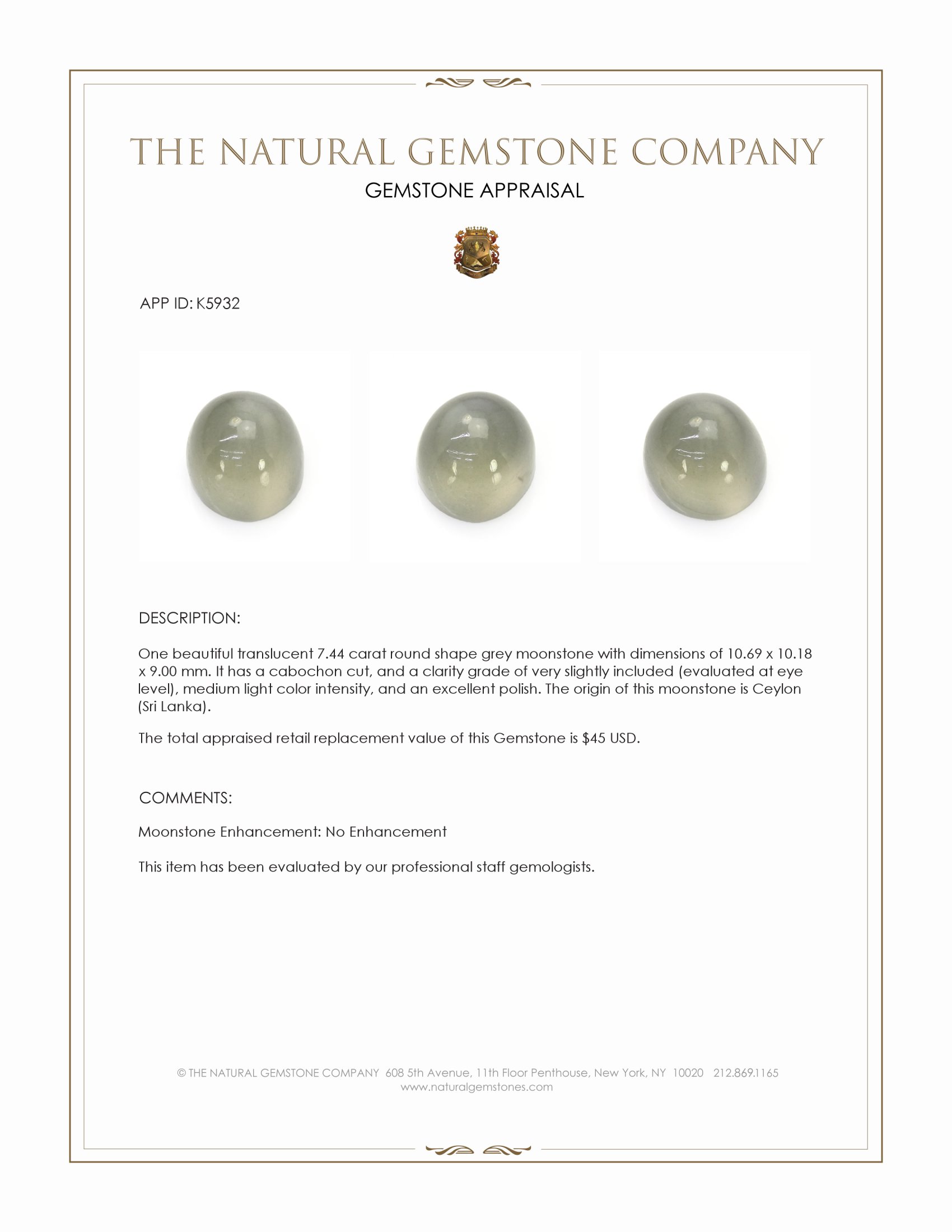 7.44 Ct. Cabochon Moonstone from Ceylon (Sri Lanka)