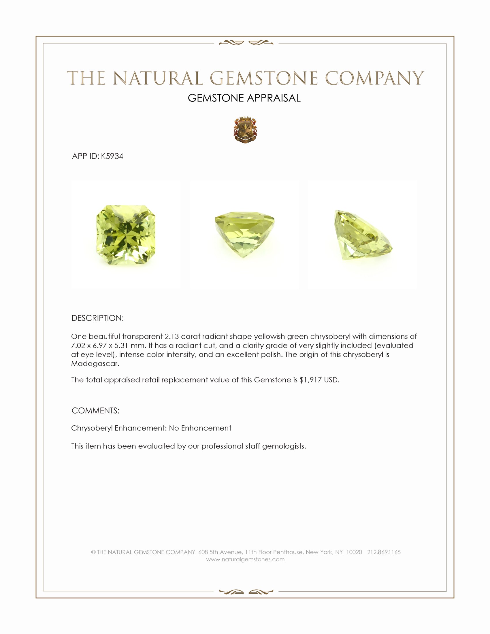 2.13 Ct. Yellowish Green Chrysoberyl from Madagascar