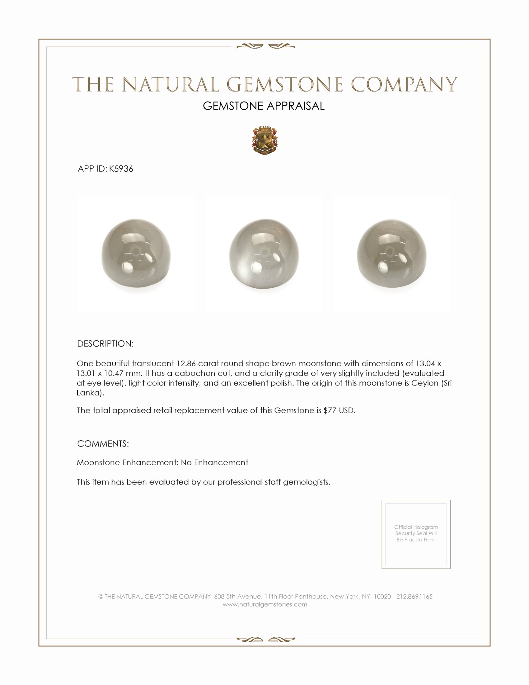 12.86 Ct. Grey Cabochon Moonstone from Ceylon (Sri Lanka)