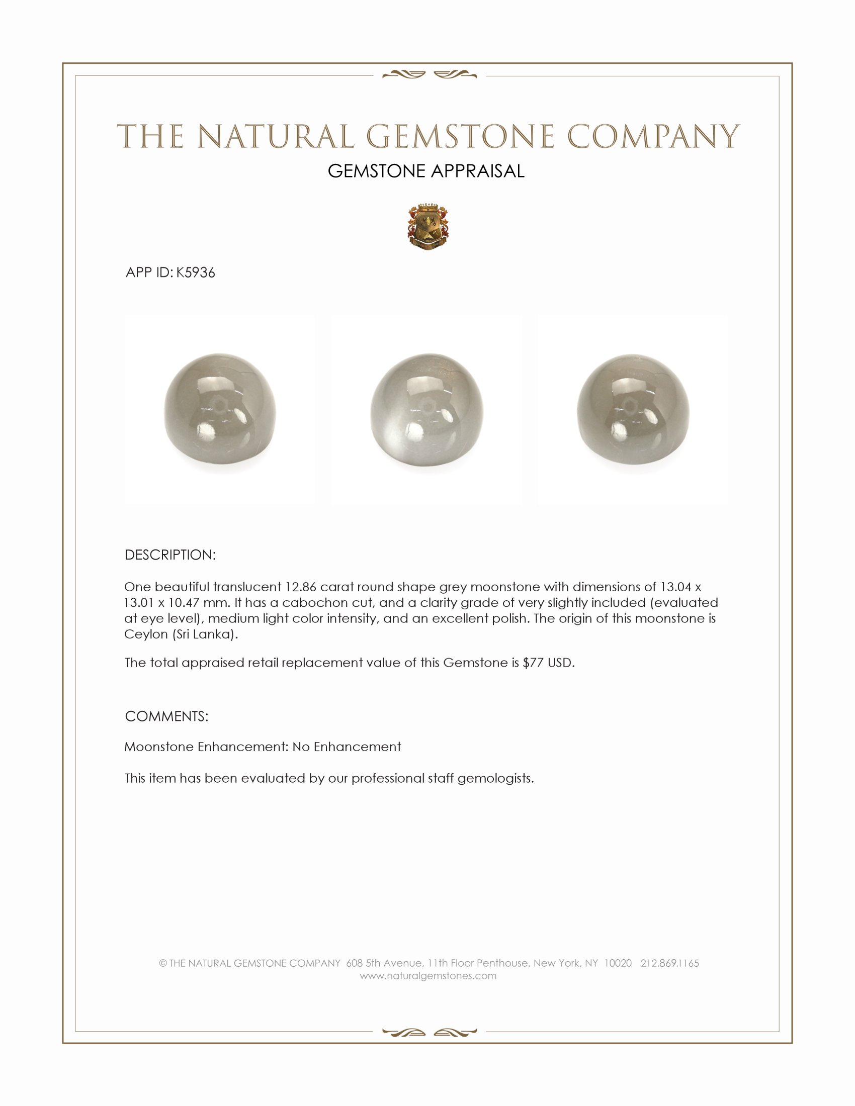 12.86 Ct. Cabochon Moonstone from Ceylon (Sri Lanka)