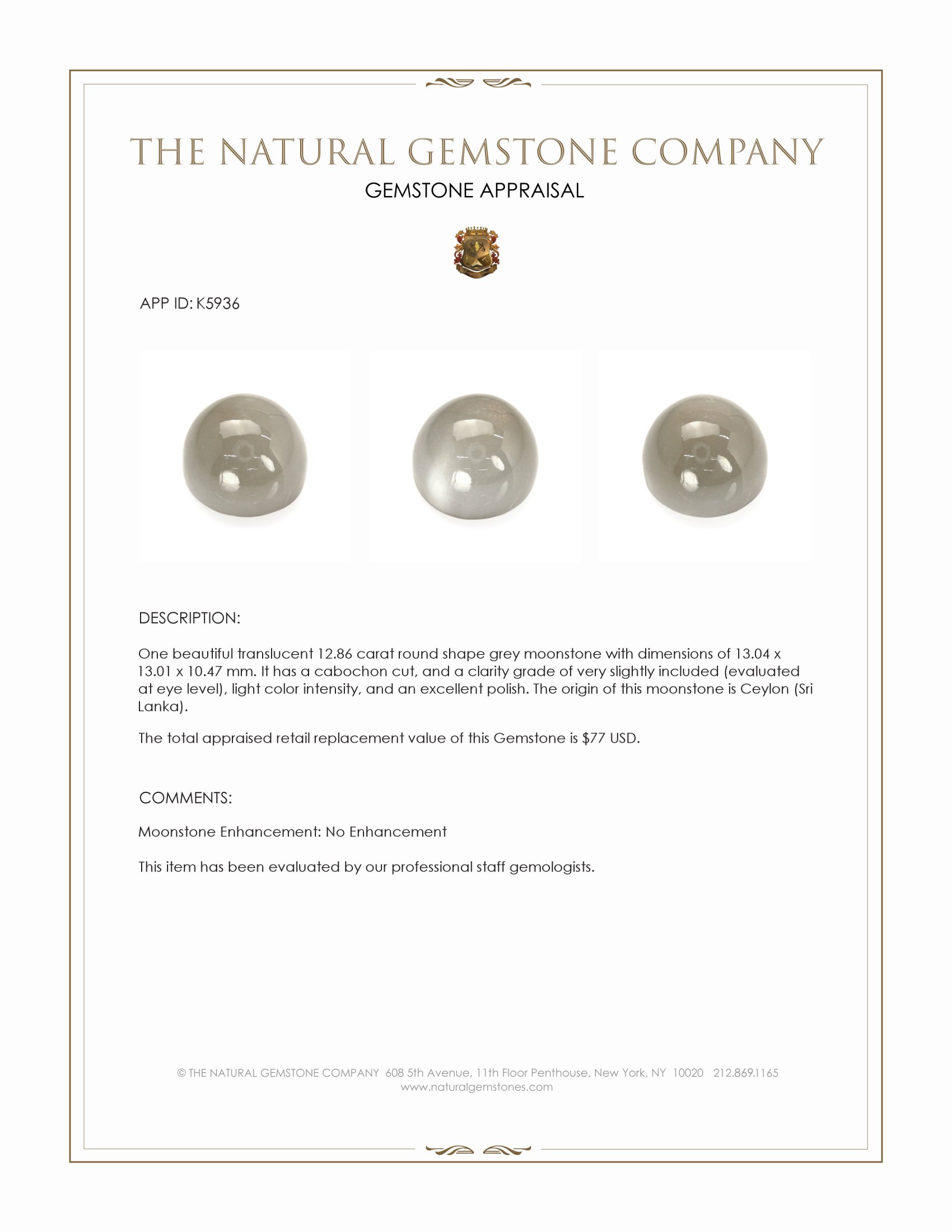 12.86 Ct. Cabochon Moonstone from Ceylon (Sri Lanka)