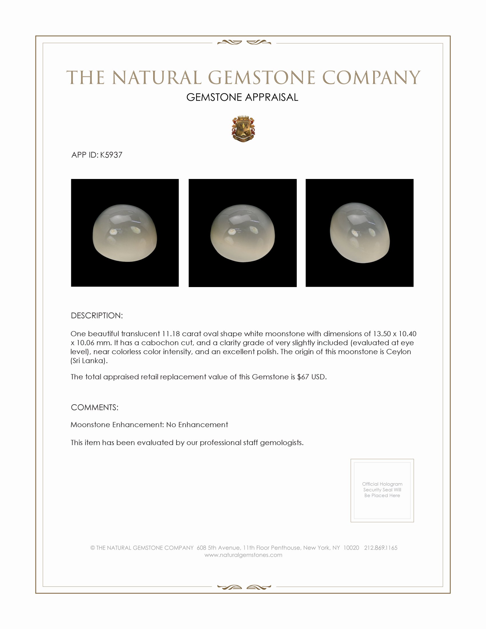 11.18 Ct. Cabochon Moonstone from Ceylon (Sri Lanka)