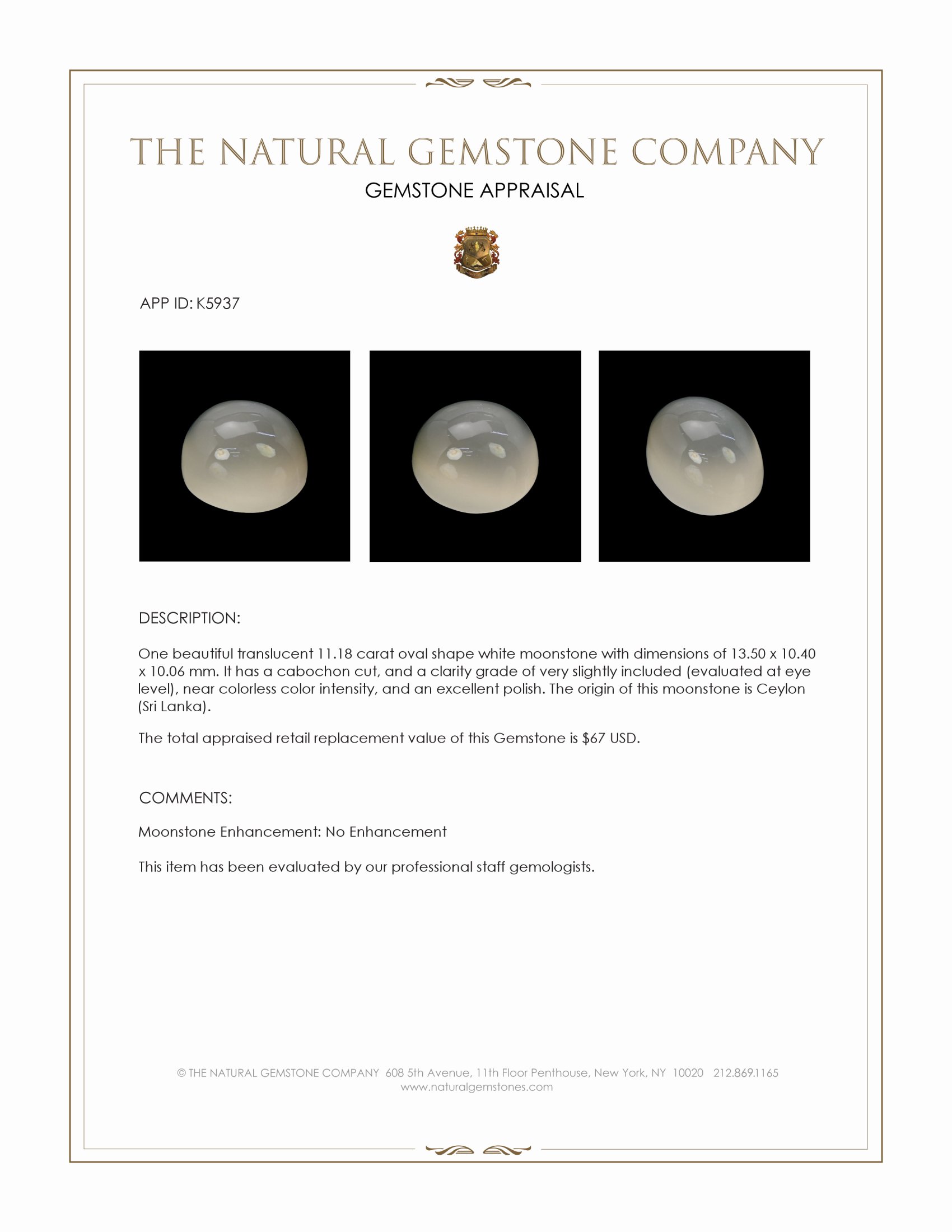 11.18 Ct. Cabochon Moonstone from Ceylon (Sri Lanka)