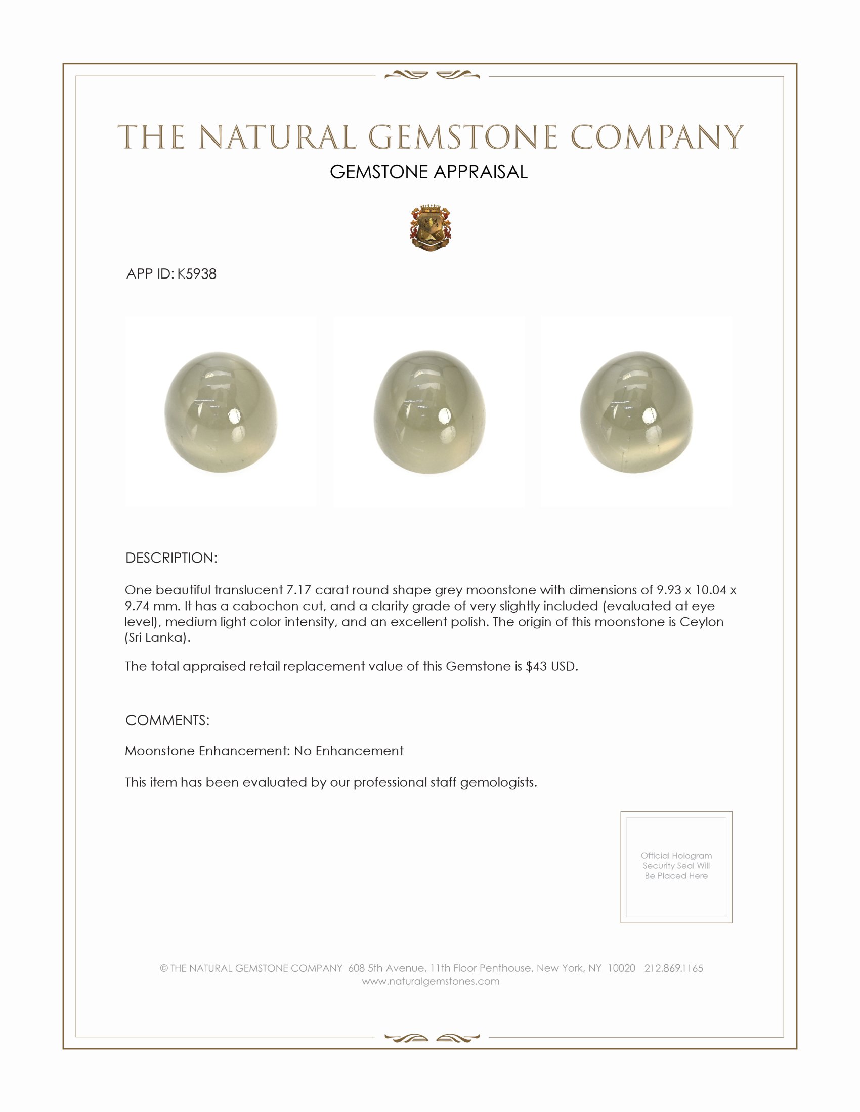 7.17 Ct. Cabochon Moonstone from Ceylon (Sri Lanka)