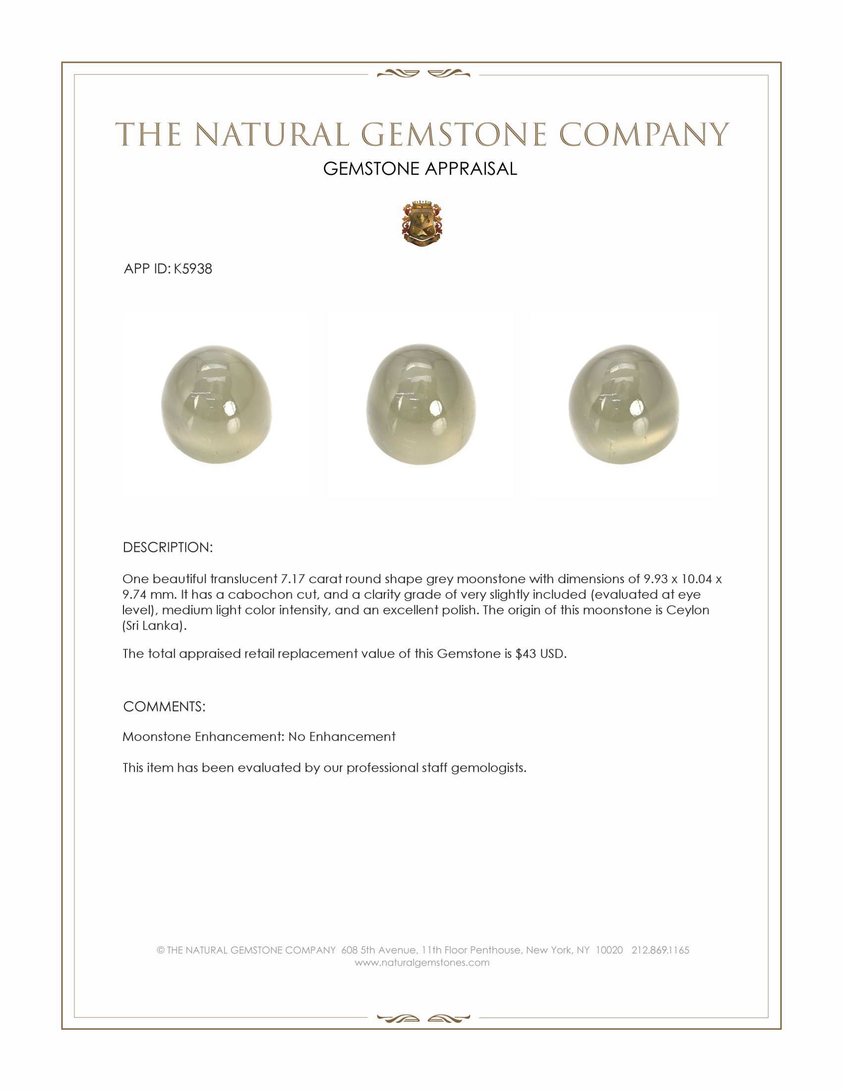 7.17 Ct. Cabochon Moonstone from Ceylon (Sri Lanka)