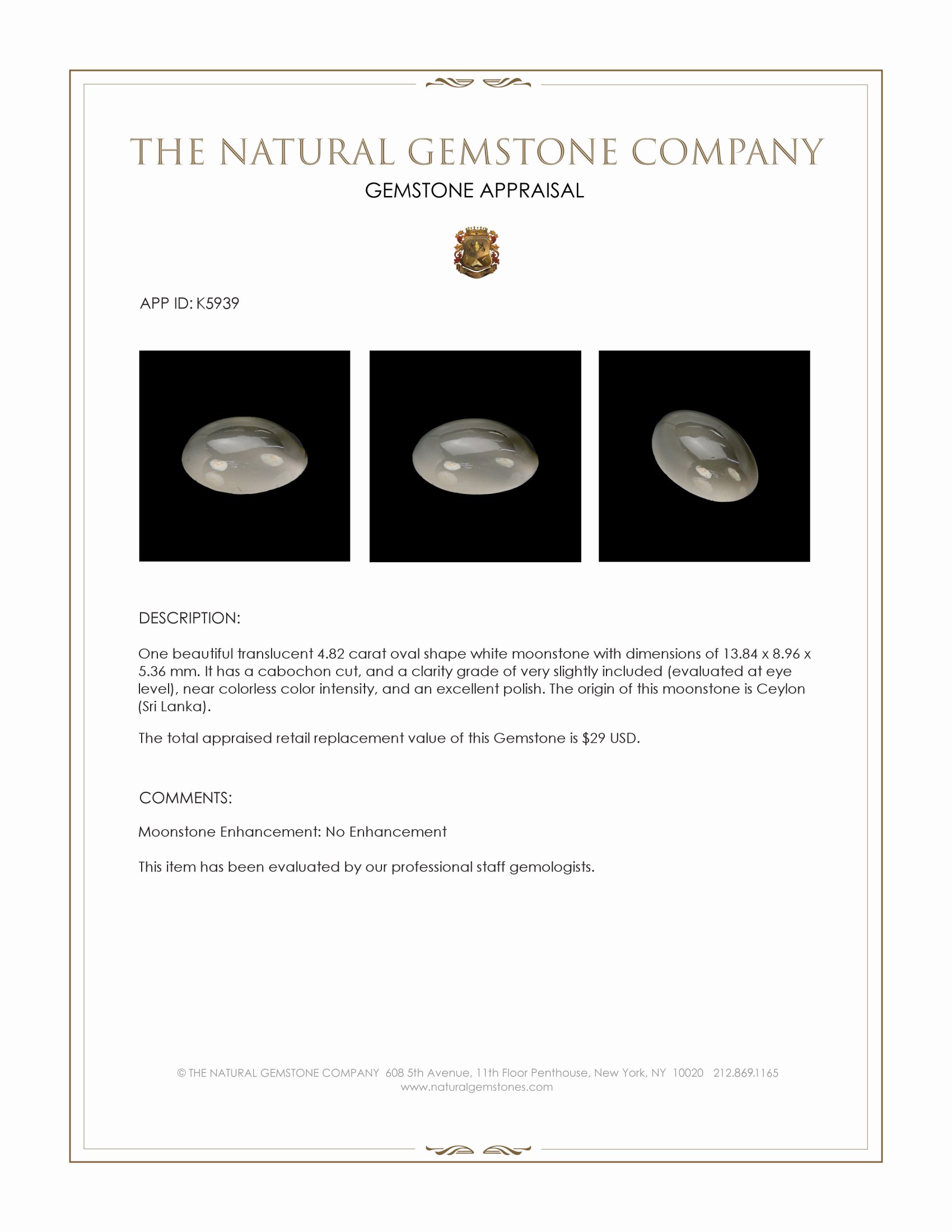 4.82 Ct. White Cabochon Moonstone from Ceylon (Sri Lanka)