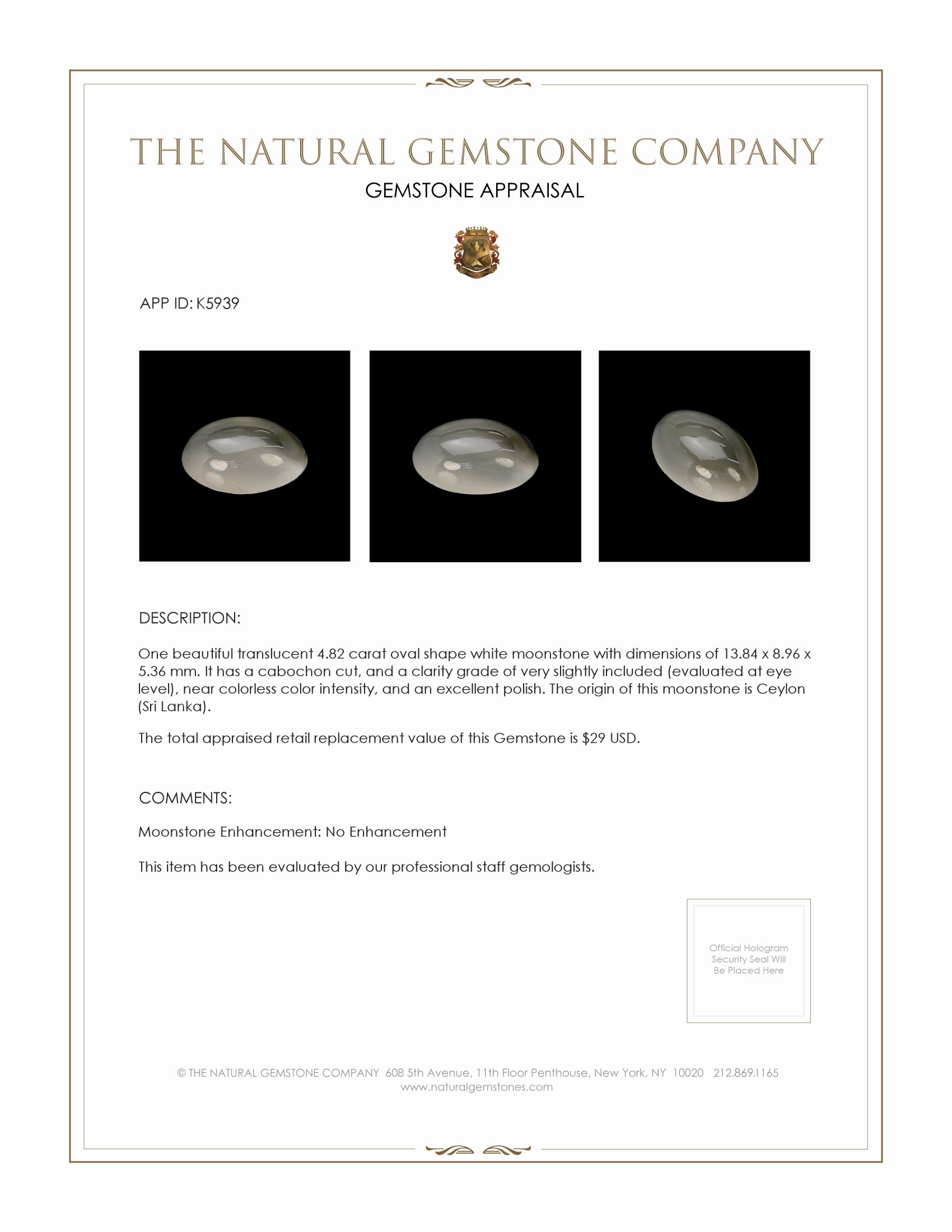 4.82 Ct. Cabochon Moonstone from Ceylon (Sri Lanka)