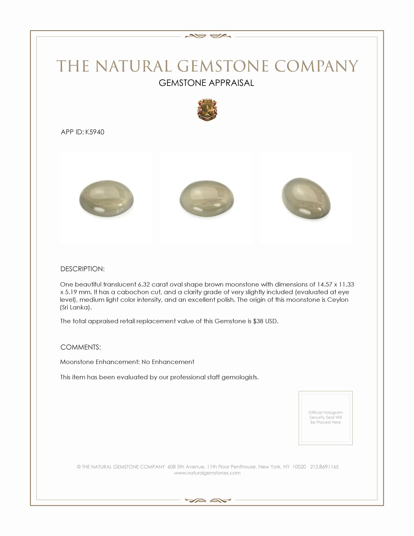 6.32 Ct. Brown Cabochon Moonstone from Ceylon (Sri Lanka)